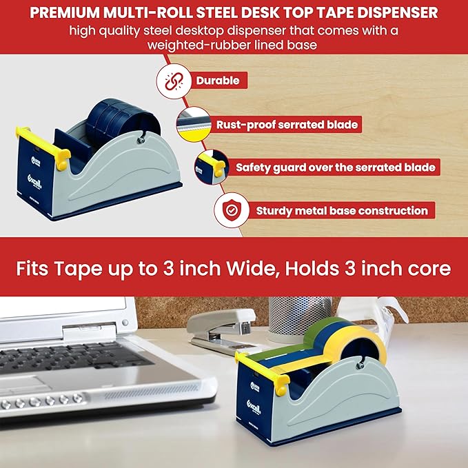 GGR Supplies ET-13370 Blue/Grey Premium Multi-Roll Steel Desk Top Tape - Image 4