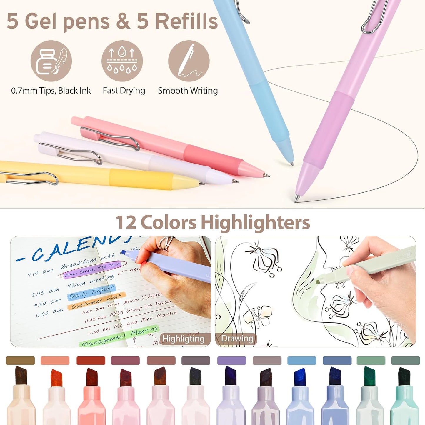 DazSirit 62 PCS Aesthetic School Supplies with Foldable Pencil Case, 12 Pastel Highlighters, 4 Erasable Pens, 5 Gel Pens, 6 Mechanical Pencils, Sticky Notes, Complete Stationery Kit, Purple