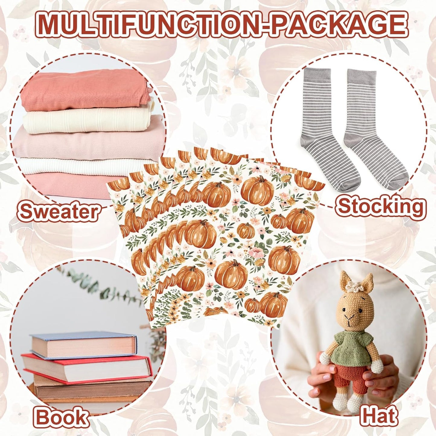100Pcs Fall Poly Mailers 10 x 13 Inch Watercolor Floral Pumpkin Packagaing Bags Autumn Self Seal Mailing Envelope Bags for Harvest Thanksgiving Small Business Clothing