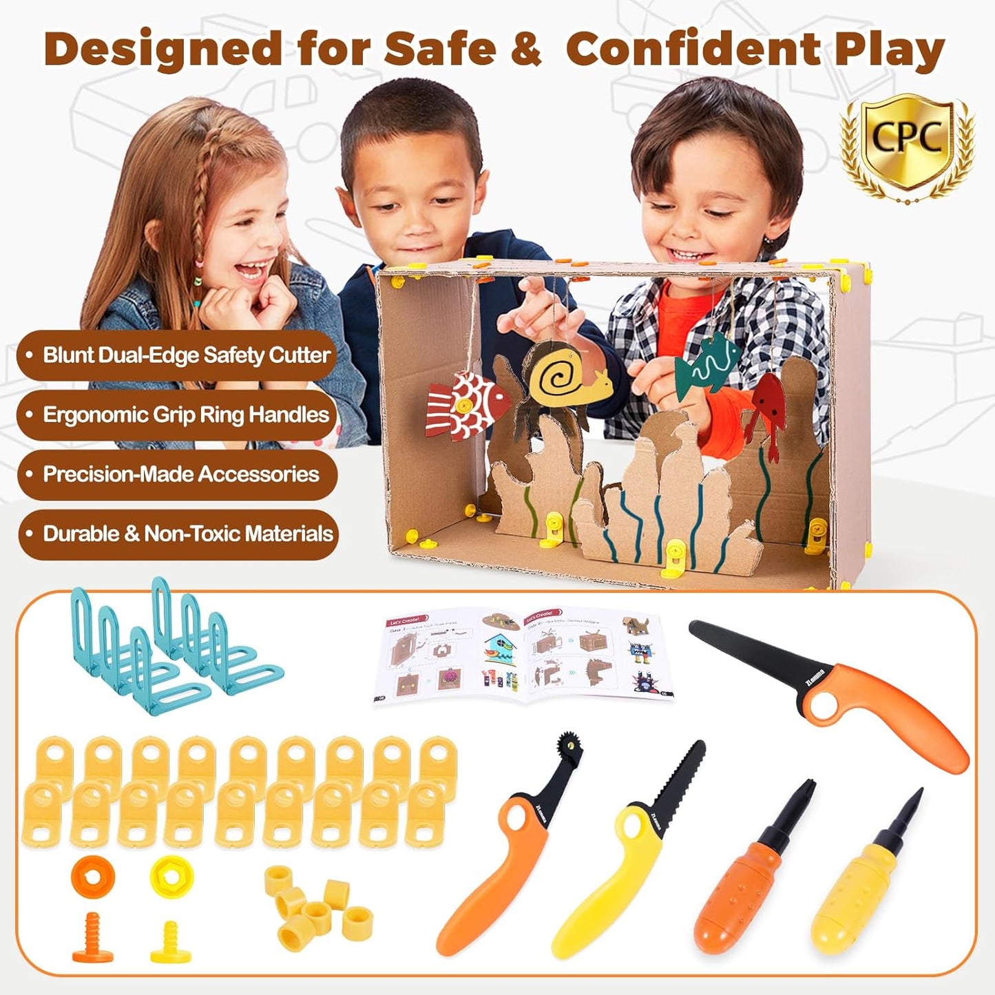 Cardboard Construction Kit - 401 PCS Kids Building Set with Safe Serrated Cutter, STEM Upcycled Tool for DIY Cardboard Projects, Engineering & Creativity (Standard Edition)