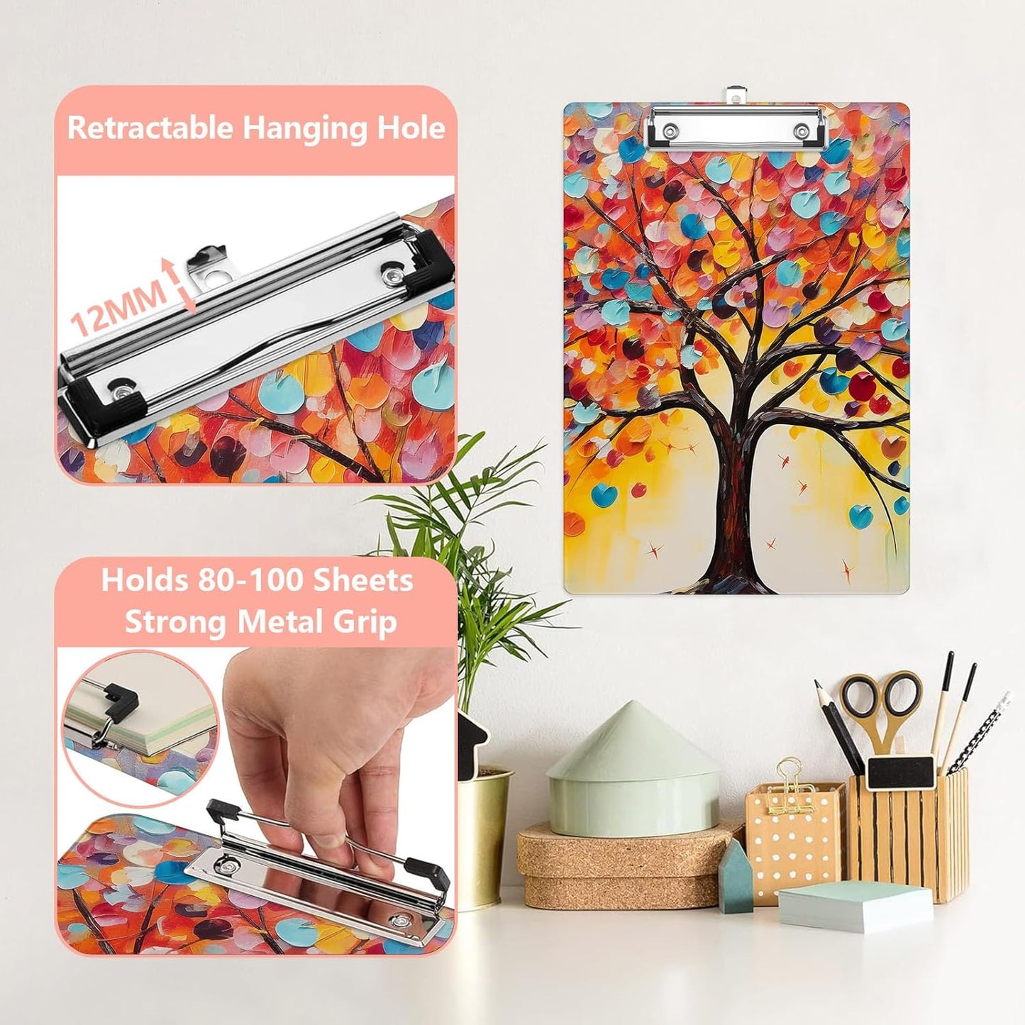 Colorful Trees Plastic Clipboards,Cute Fashion Clipboard Decorative 8.5" x 12.5"Standard A4 Size Clipboards,Acrylic Clipboard for Teacher,Social Worker,Students,Nurse,Office Supplies