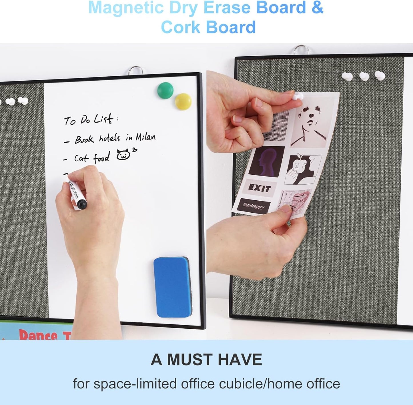 ARCOBIS Dry Erase Linen Board, 12"X16" Small Cork Board White Board Combination, Double-Sided Magnetic Bulletin Board for Wall, Vision Board for Home, Office, School, Grey