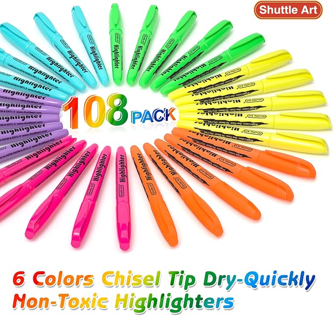 Shuttle Art 108 Pack Highlighters, Highlighters Assorted Colors Set, 6 Bright - Image 2