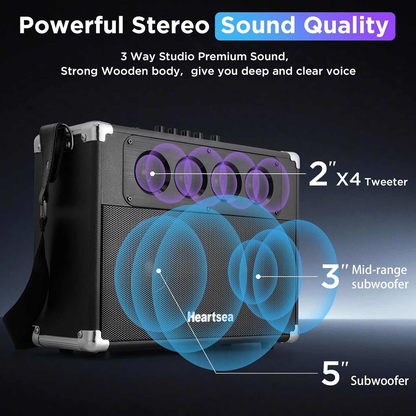 Heartsea Karaoke Machine with 2 Wireless Microphones for Adults & Kids – Portable Big Bluetooth Party Speaker, Voice Amplifier with TWS Pairing, 3-Way Big Sound for Home & Outdoor Party