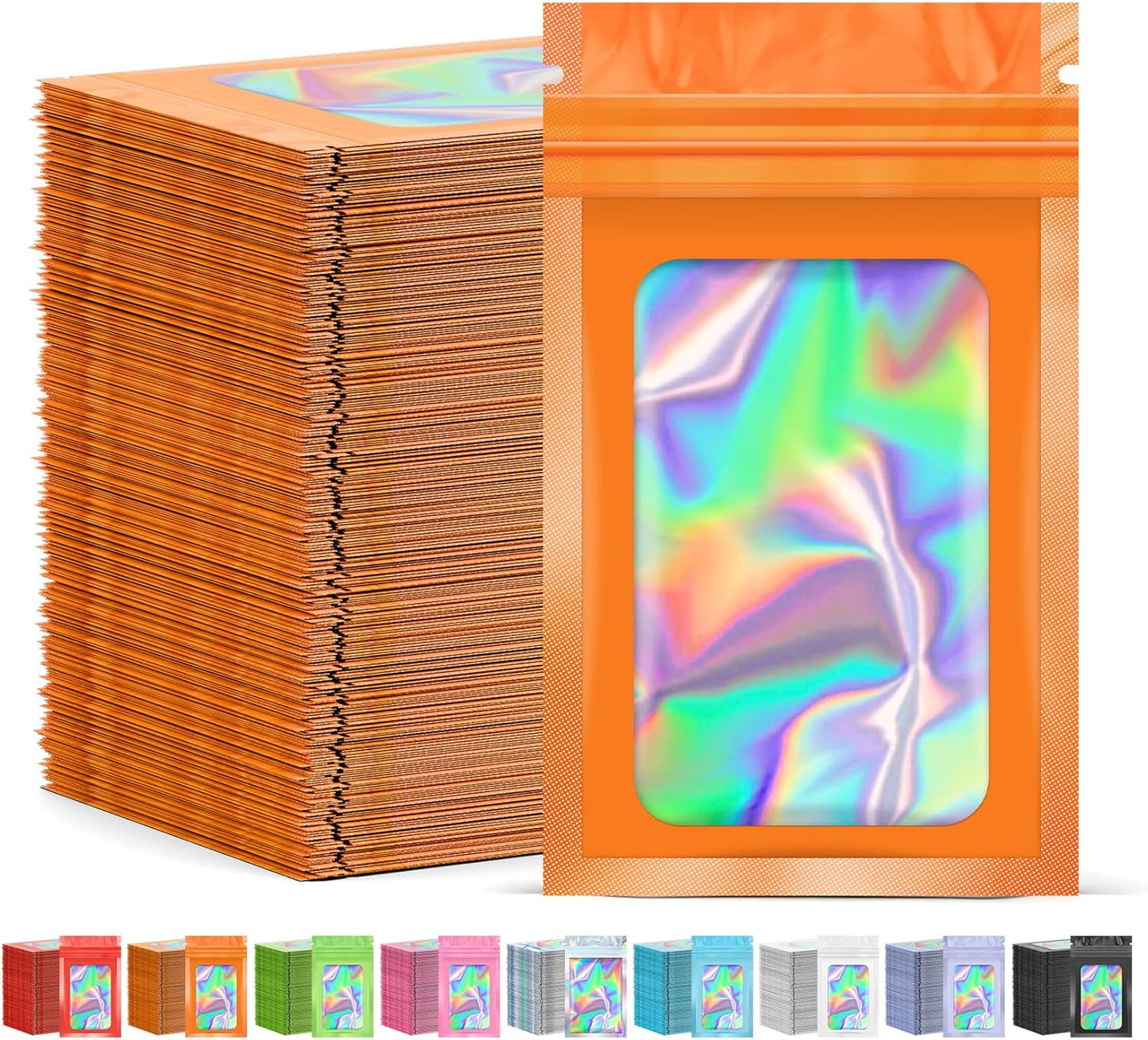 300 Pcs Mylar Bags, Smell Proof Bags Foil Pouch, Holographic Resealable Bags for Small Business, Candy Sample Jewelry Bag Sealable Packaging for Party Favor Food Storage (4x6in-Orange)