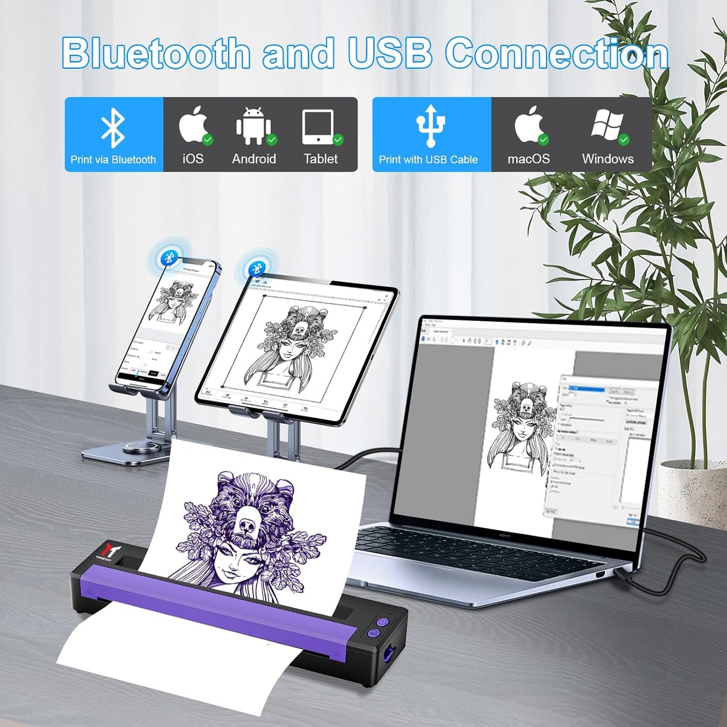 P19 Tattoo Stencil Printer Wireless Bluetooth Thermal Temporary Tattoo Transfer Printer Machine Kit for Tattoo Artists & Beginners