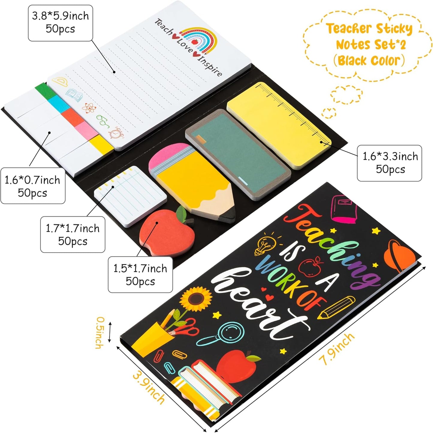 Xqumoi 2 Pcak Teaching is A Work of Heart Sticky Notes Set - Blackboard Pencil Apple Self-Stick Note Pads Teacher Appreciation Gift Writing Memo Pads Page Marker Back to School Office Supplies (Black)