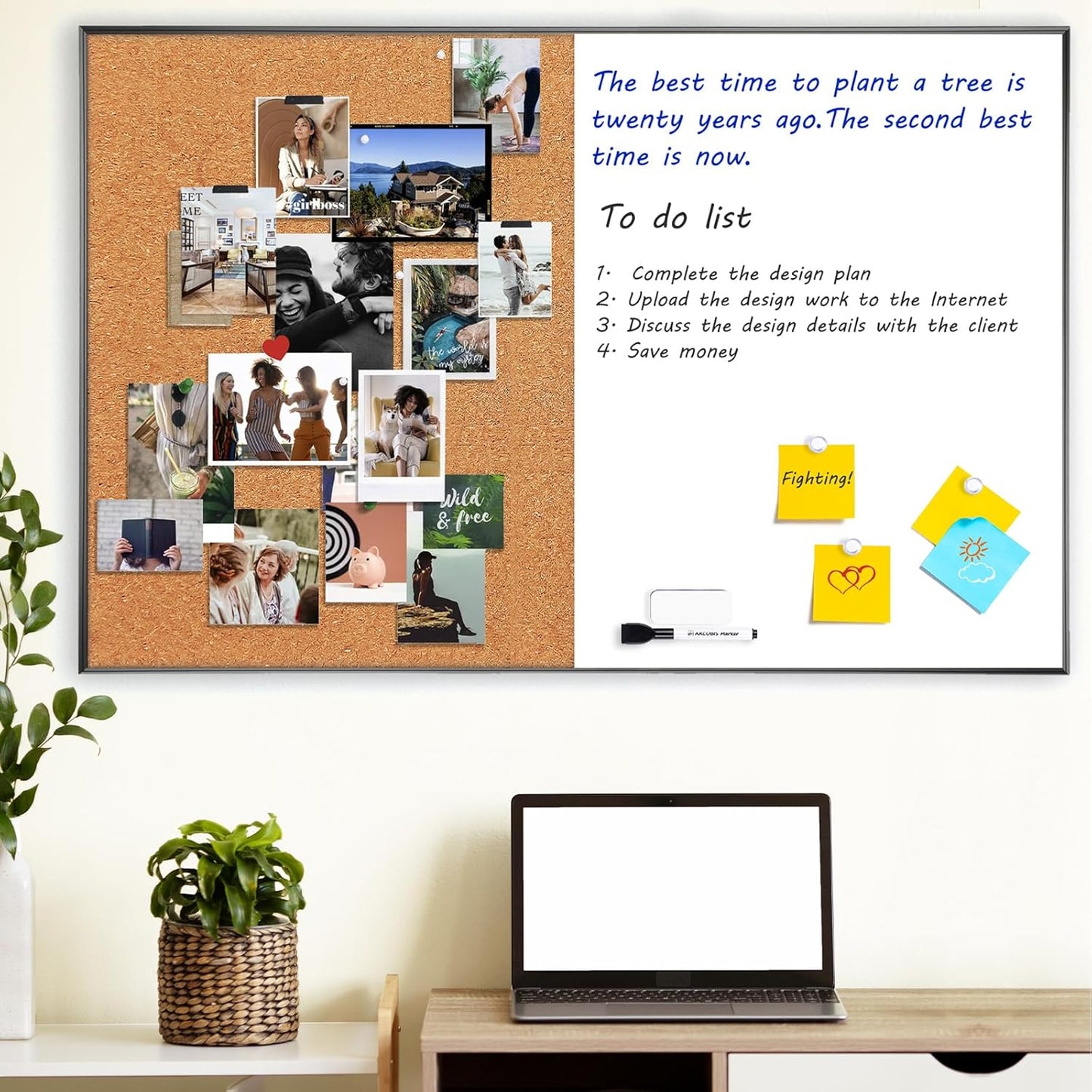 ARCOBIS Cork Board White Board Combo, 36 x 24 Inch Bulletin Board, Magnetic Dry Erase Board & Corkboard for Wall, Vision Board for Home, Office, School, Black Frame