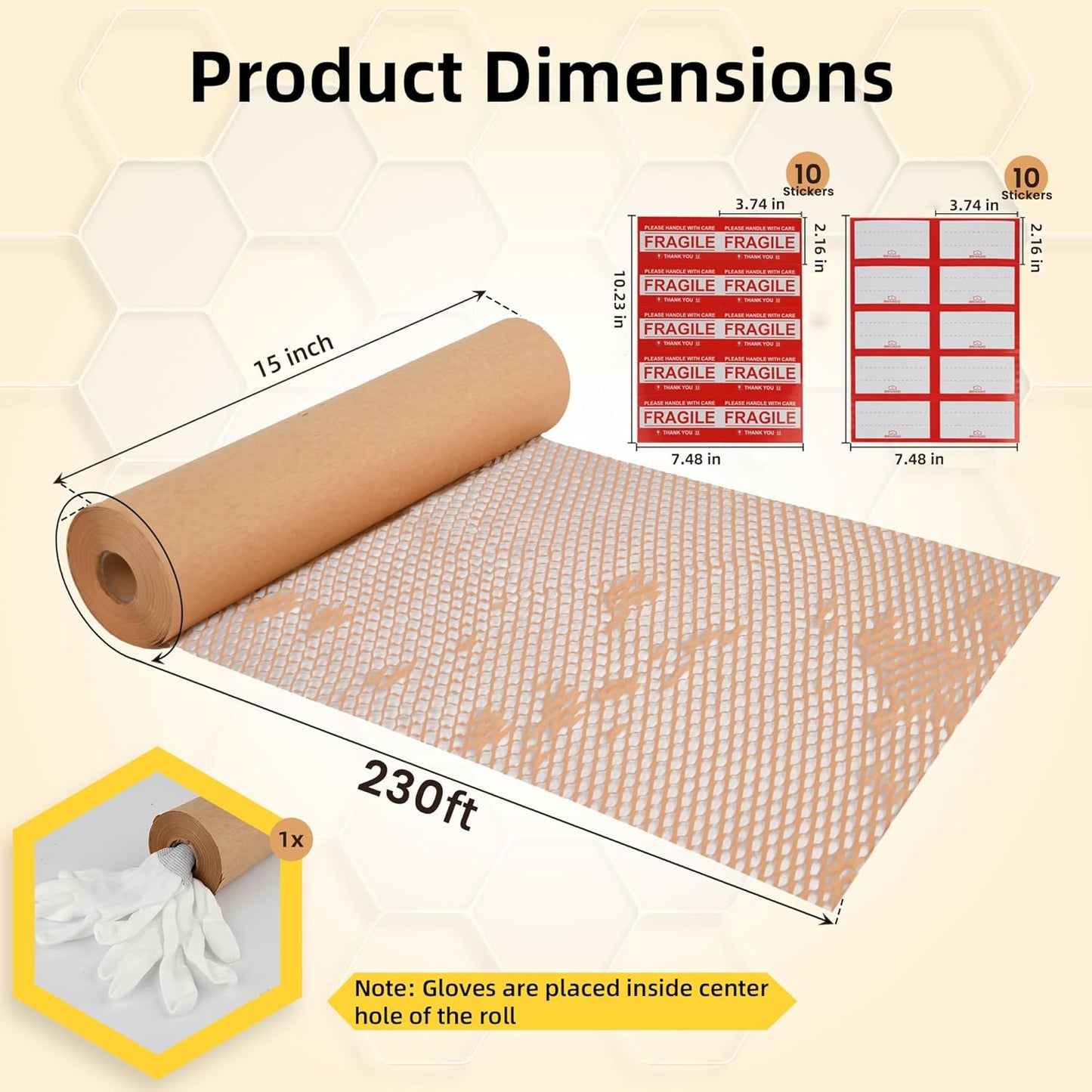 Honeycomb Packing Paper 15"x230' Roll with Fragile & Labeling Stickers, Gloves - Bubble Wrap for Moving,Products & Gifts Wrapping Paper, Recyclable & Biodegradable Cushioning Packing Material.