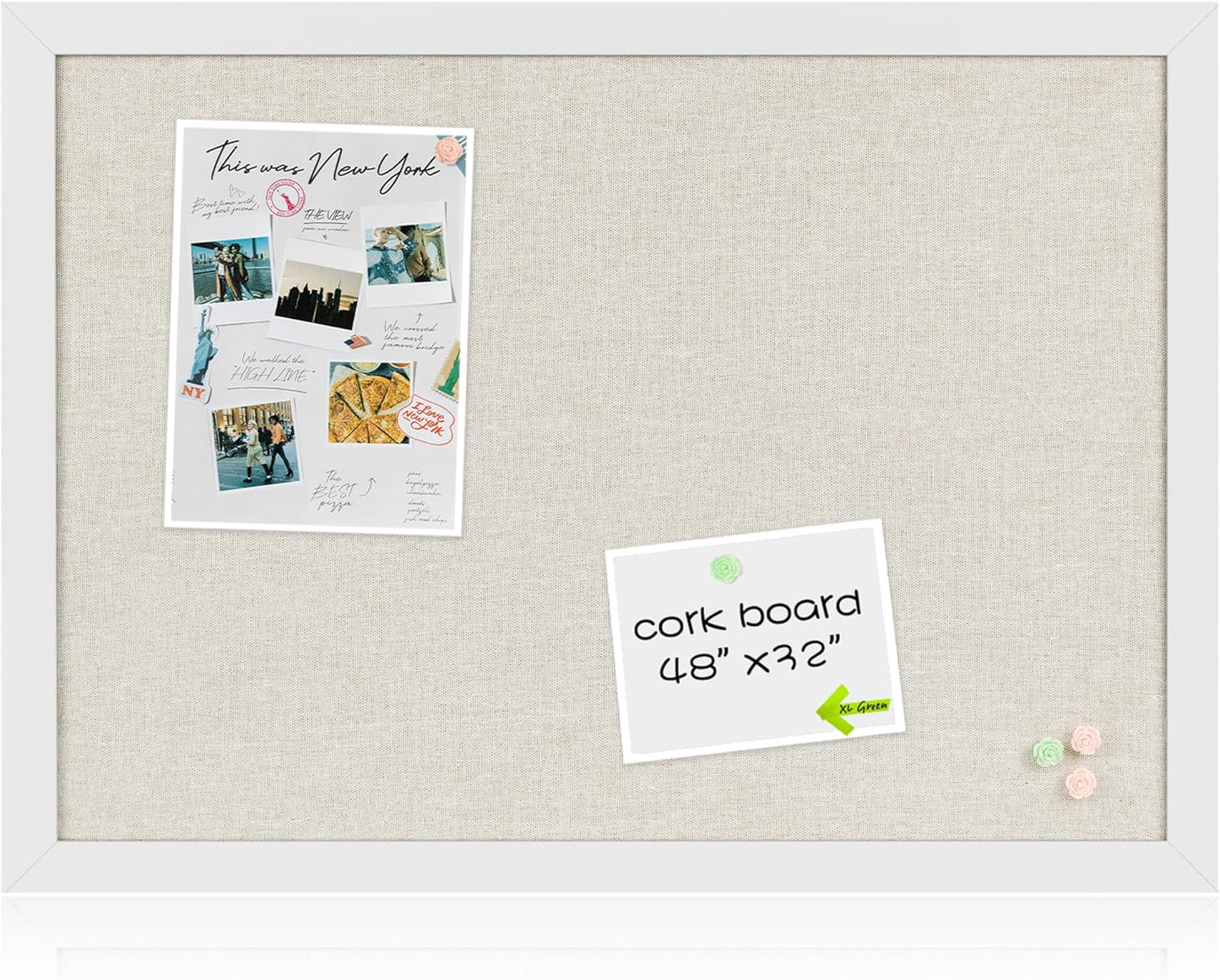 Board2by Farmhouse Linen Cork Bulletin Board 48 x 32, White Wood Framed 4 x 3 Corkboard, Office Board for Wall Decor, Large Pin Board Picture Board with 20 Pushpins for School, Home & Office