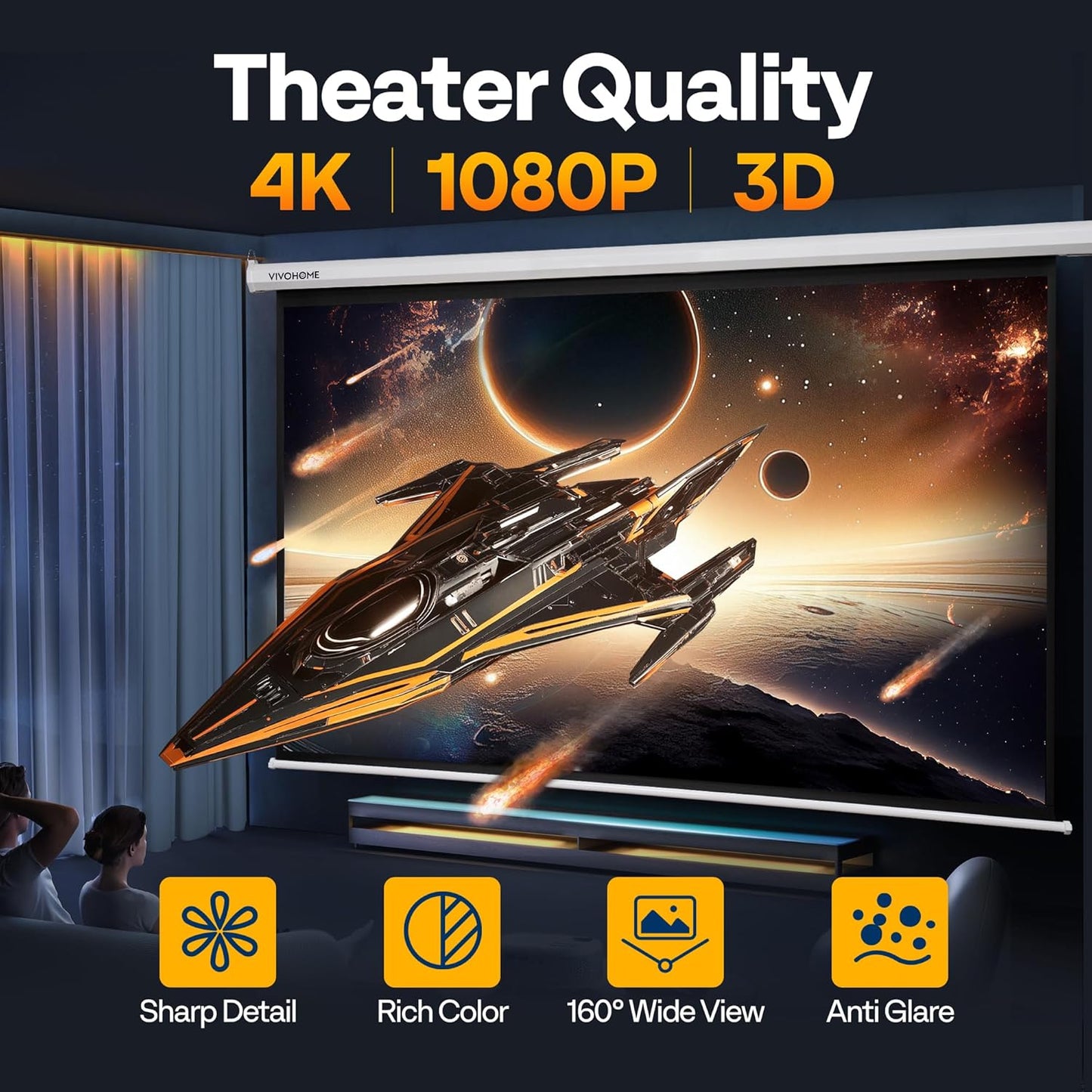 VIVOHOME Motorized Projector Screen with Remote, 16:9 84 Inch Auto Electric Projection Screen, HD 4K Movie Screen for Home Theater, Cinema, Office (73 x 41 White)