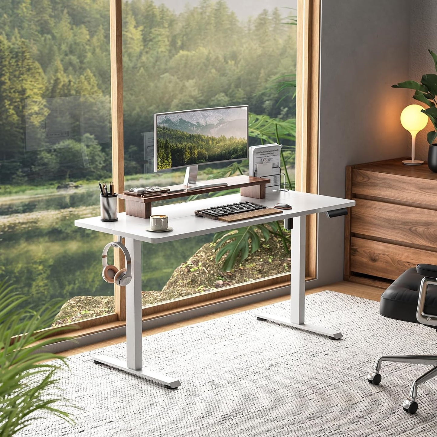 Veken 55 Inch Large Electric Standing Desk, 4 Memory Heights Adjustable,Sit to Stand Up, Work Home Office Computer Table for Study, Walking Pad, Writing, and Games, Wooden Desktop Desks, White