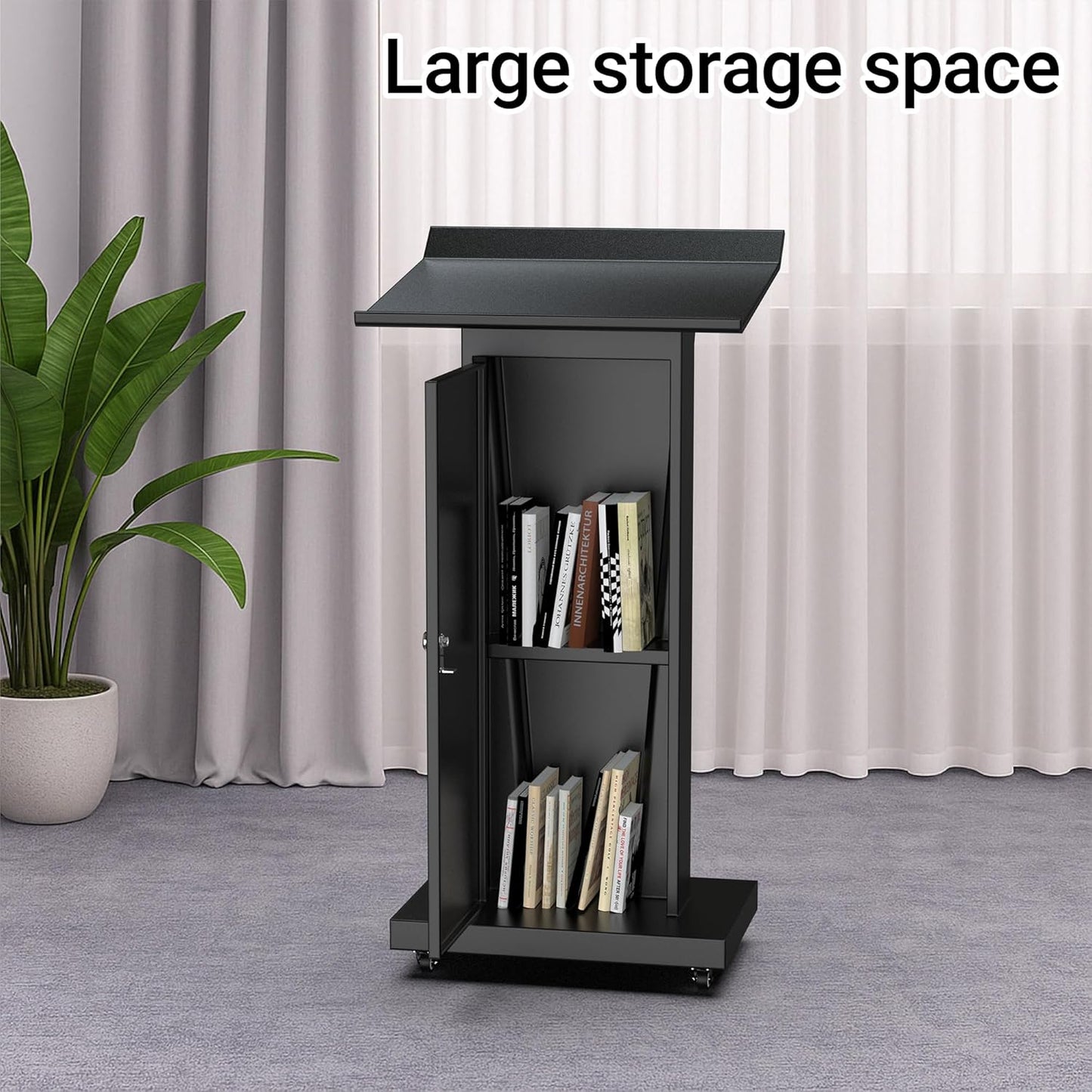 Tredre Metal Podium Stand with Wheels, Heavy-Duty Rolling Lectern for Classroom, Church & Office Presentations, Large Top, Locking Casters, Stable Base