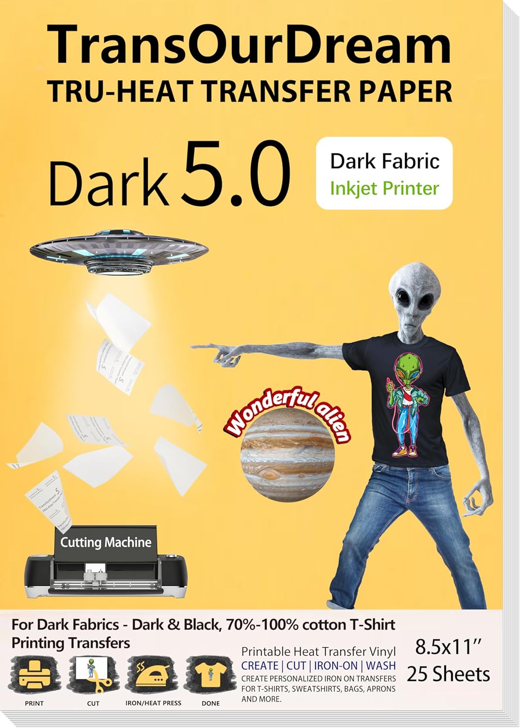 TransOurDream Tru-Iron on Heat Transfer Paper for Dark Fabrics (25 Sheets, 8.5x11, Dark 5.0) Printable Heat Transfer Vinyl for T-Shirts Iron on Transfers for Inkjet Printer (TRANS-D5-20)