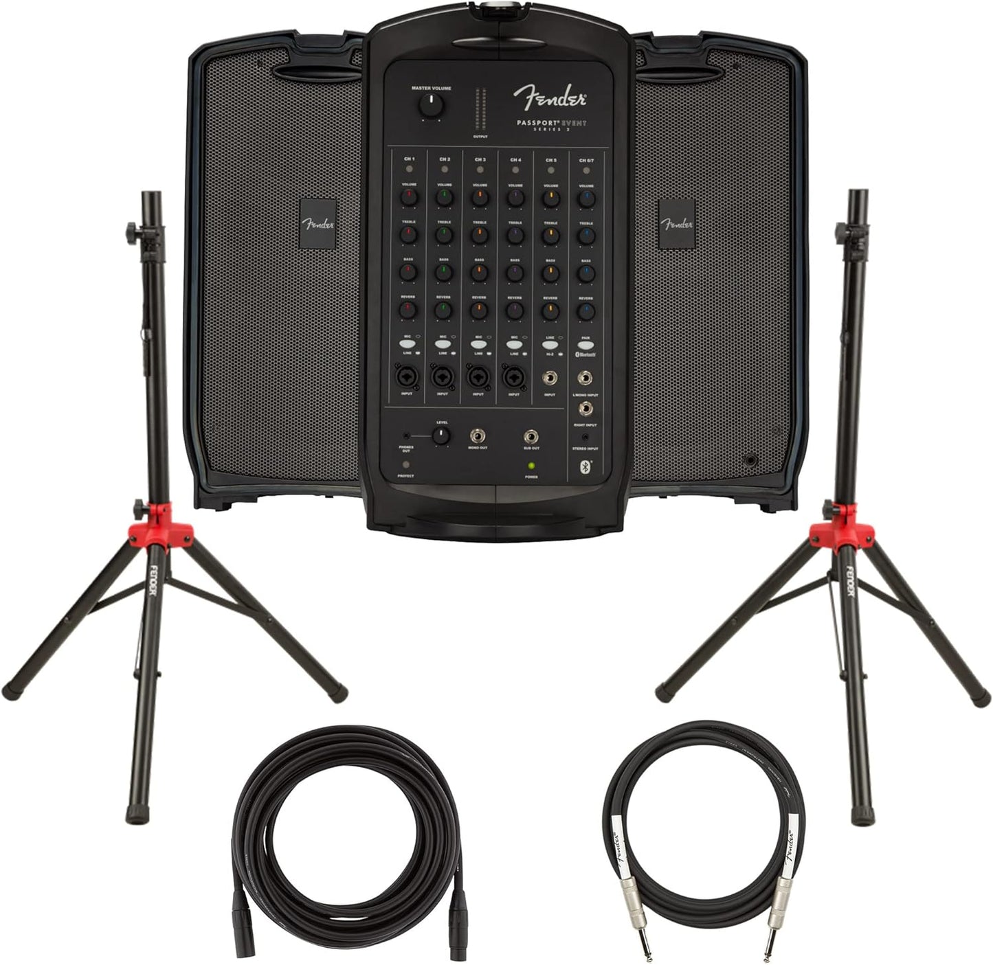 Fender Passport Event S2 Portable PA System Bundle with Compact Speaker Stands, XLR Cable, and Instrument Cable