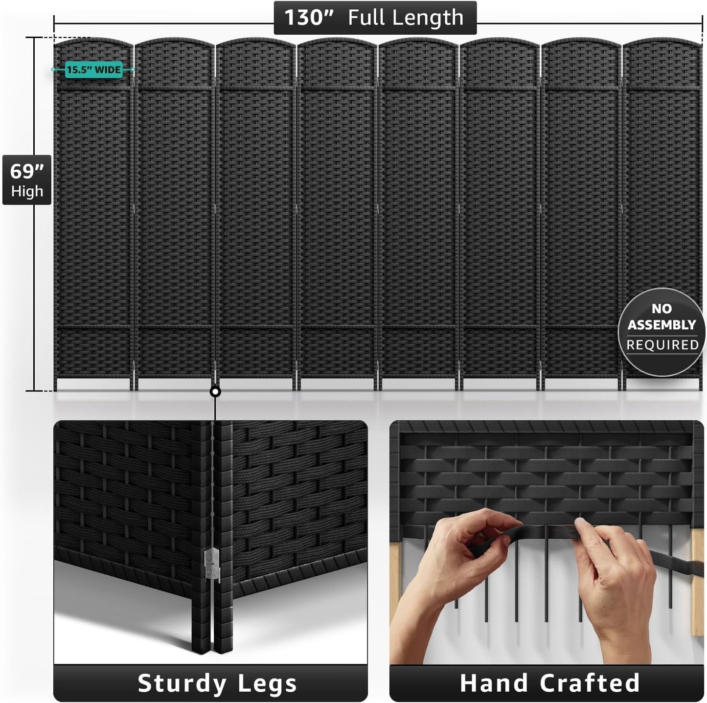 Sorbus 8-Panel Black Room Divider with Double Hinged Panels, 6 ft Tall Folding Privacy Screen