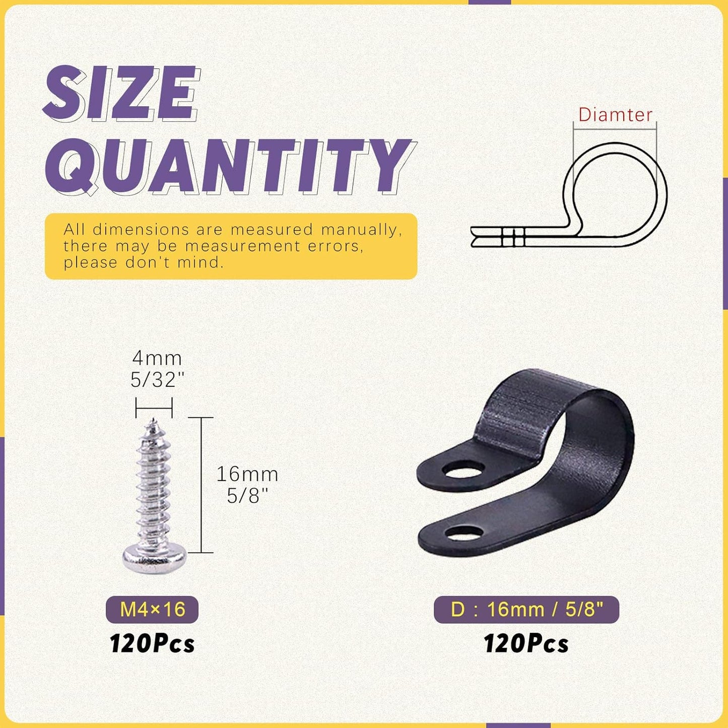 Swpeet 120 Pack Black 5/8 Inch Nylon Plastic R-Type Cable Clips Clamp Kit, Nylon Screw Mounting Cord Fastener Clips with 120 Pack Screws for Wire Management (5/8 Inch, Black)