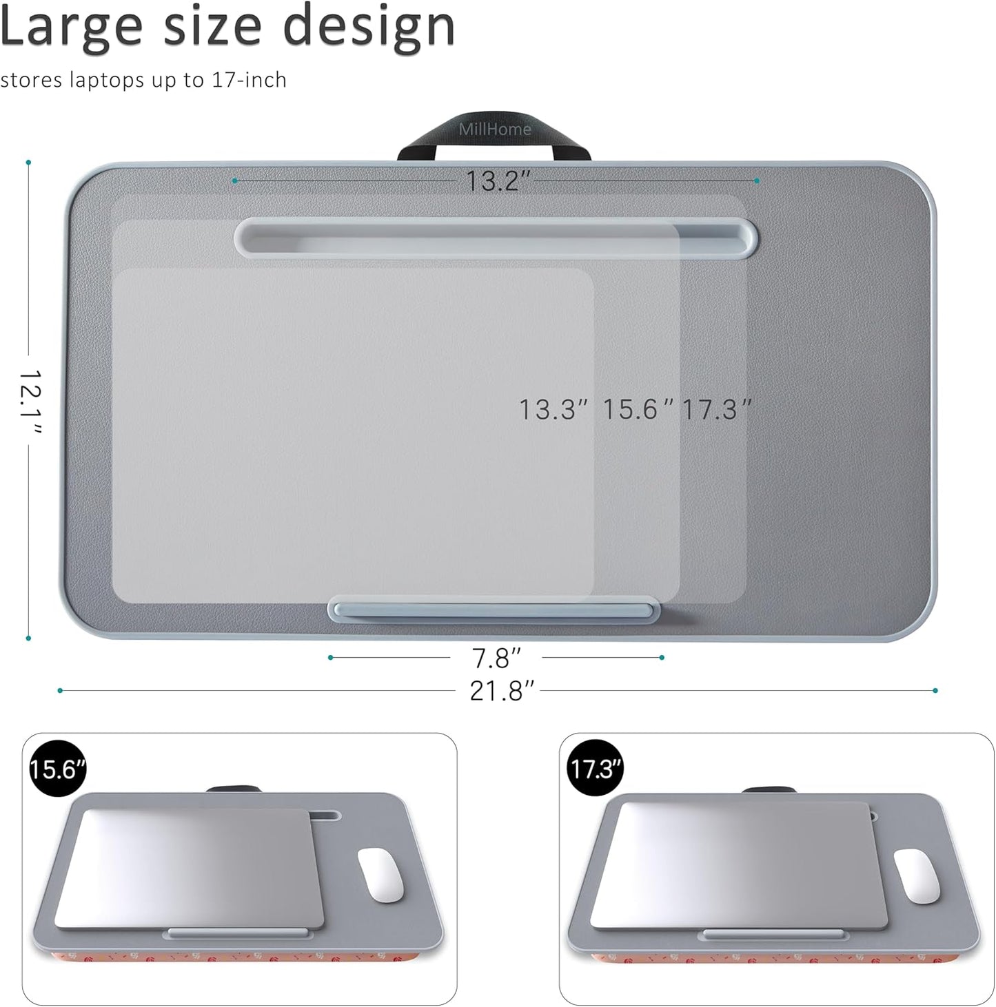 Lap Desk | Portable Laptop Desk – Fits Up to 17.3" Laptops – Detachable & Washable Cushion, Phone Holder, Device Ledge – for Writing, Working, Reading on Bed, Couch, Sofa, Floor – Millhome -Peach Pink