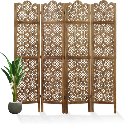 68.9Inch Folding Room Divider, 4 Panels Wood Carved Privacy Screens - Ideal Decorative Partition for Home, Office, Restaurant, Bedroom (Dark Brown)