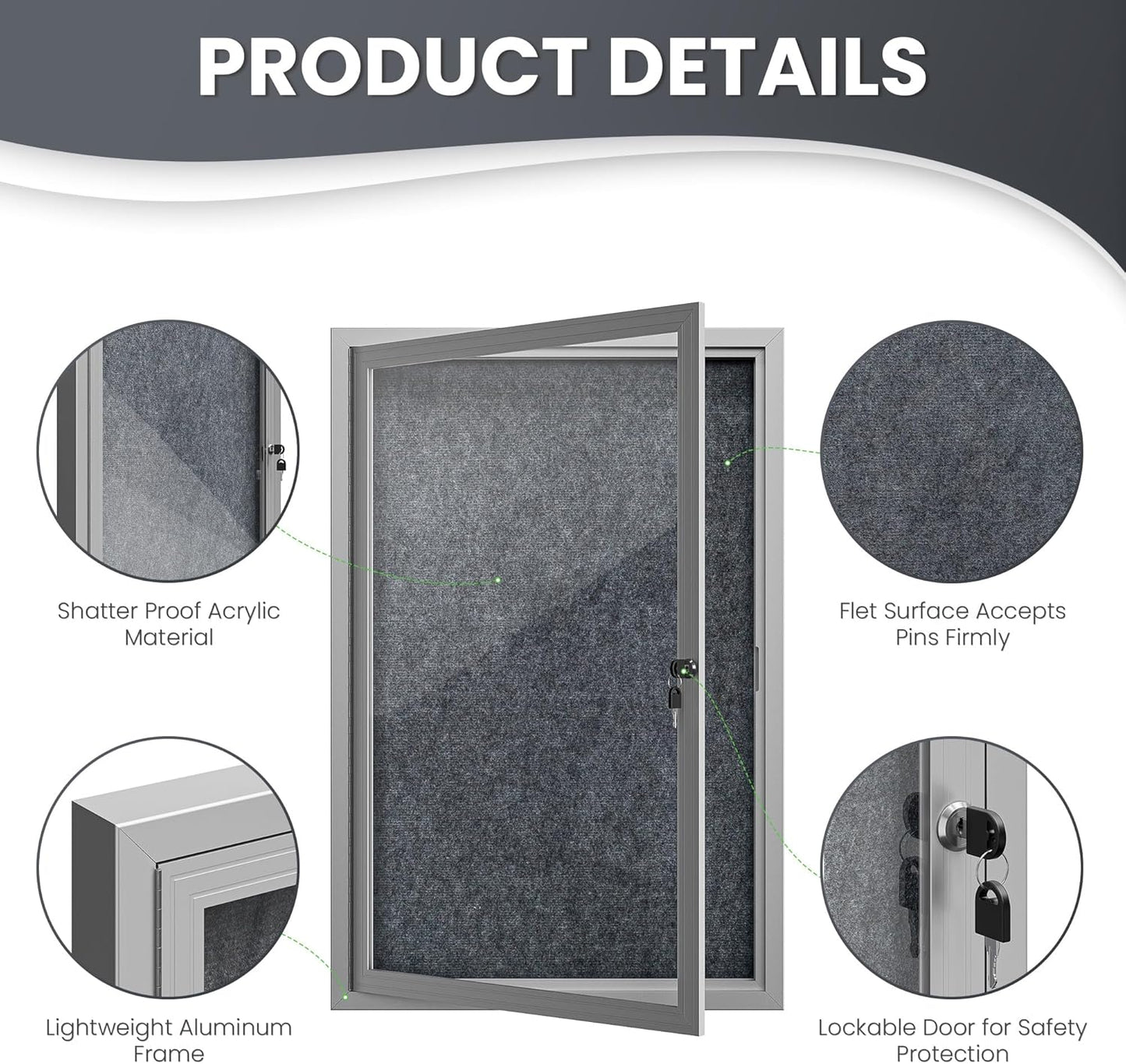 36"x24" Lockable Enclosed Bulletin Board, Outdoor Flet Weather-Resistant Aluminum Frame Notice Board, Wall Mounted Display Case Acrylic Doors for School,Office,Silver Frame w/Grey Flet