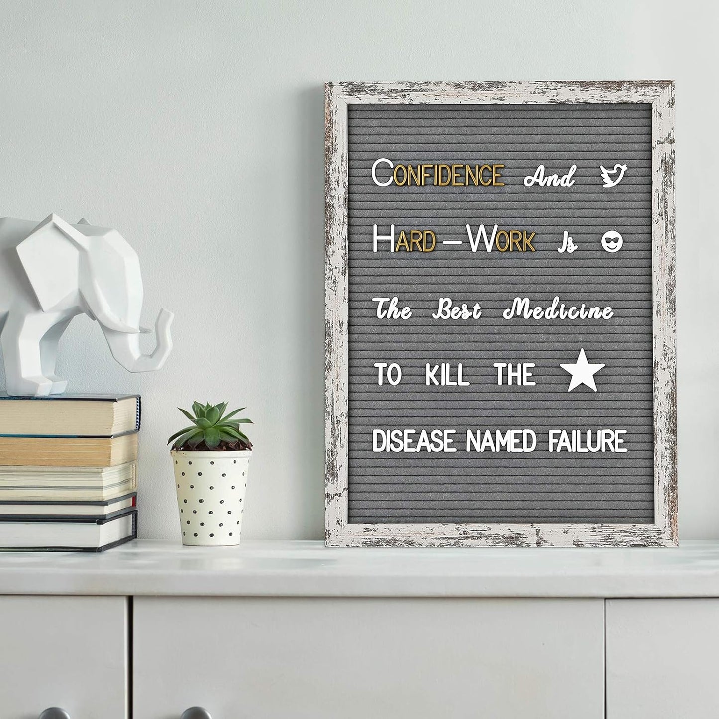 Felt Letter Board 12x16 Inch Rustic Wood Frame - Pre Cut & Sorted 725 Letters with Stand, Cursive Style Letters, Big Letters, Plastic Organizer, Shabby Chic Vintage Decor