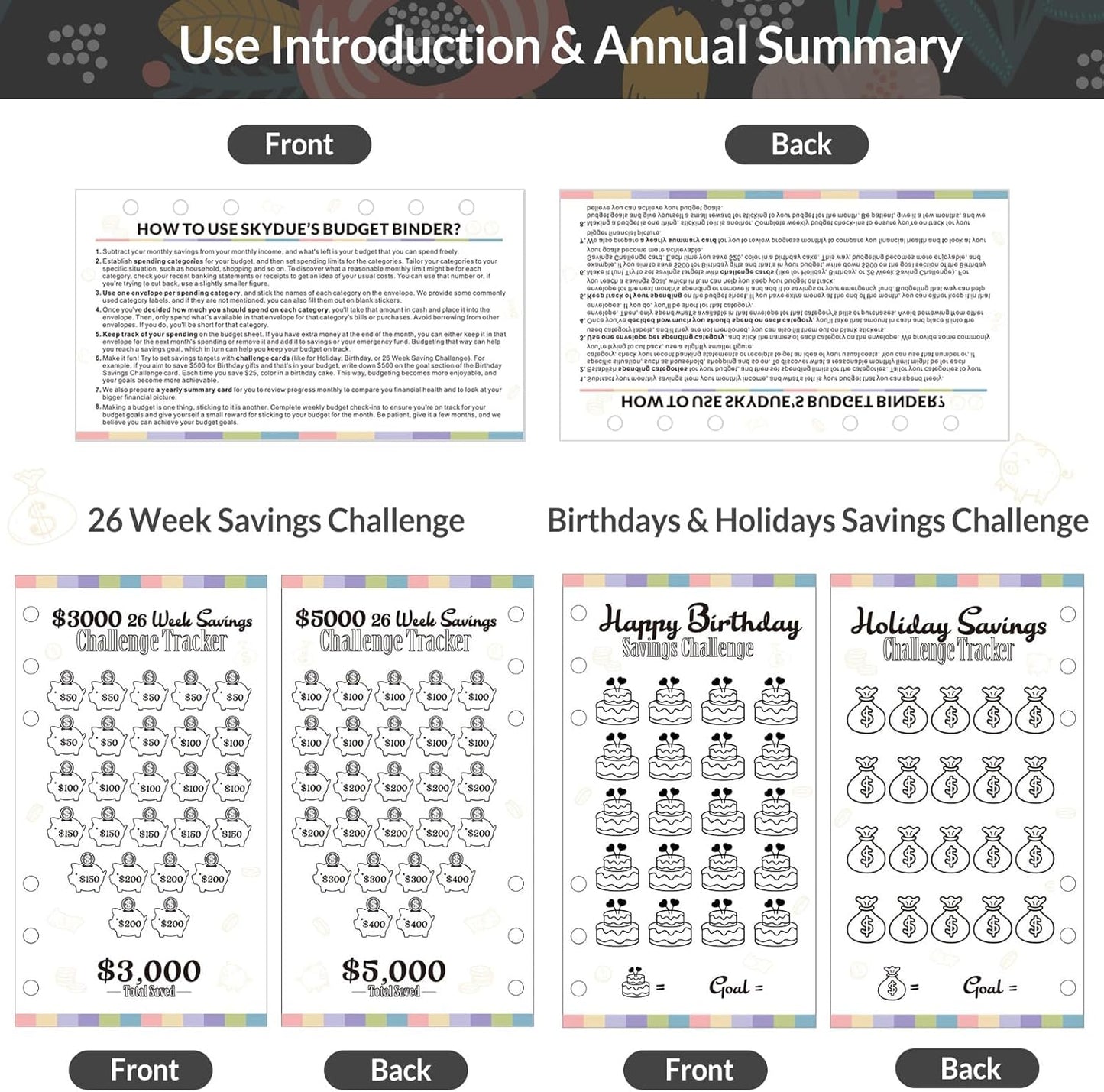 SKYDUE Budget Binder with 8Pcs Cash Envelopes, 12Pcs Expense Budget Sheets, 2Pcs Challenge Trackers, and Category Labels - Budget Binder & Challenges Book Combo for Saving Money