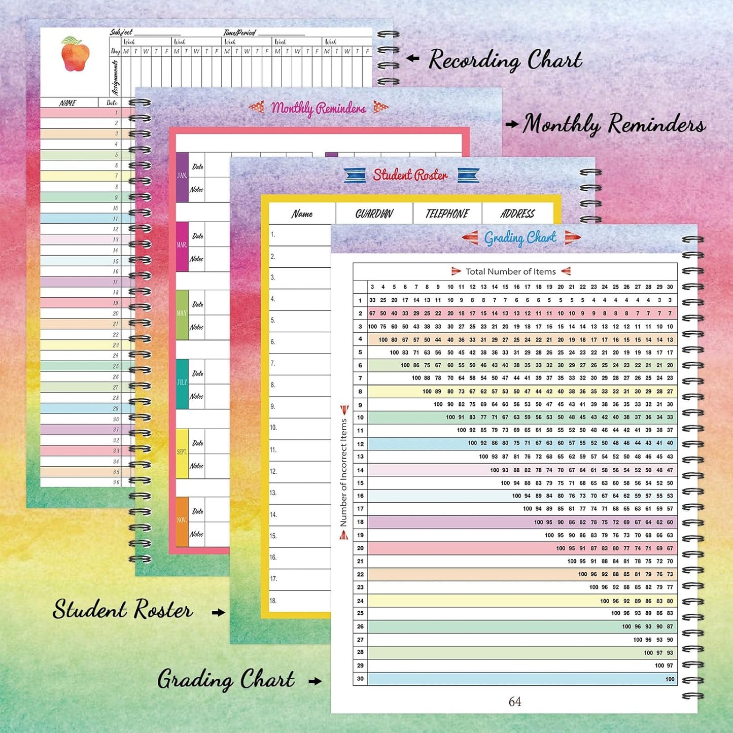 Faccito 8.3'' x 11'' Teacher Record Book 2025 Grade Book Undated Attendance Register Class Student Roster Monthly Reminder Grading Chart Gift for Elementary Classroom School Office(Watercolor Style)
