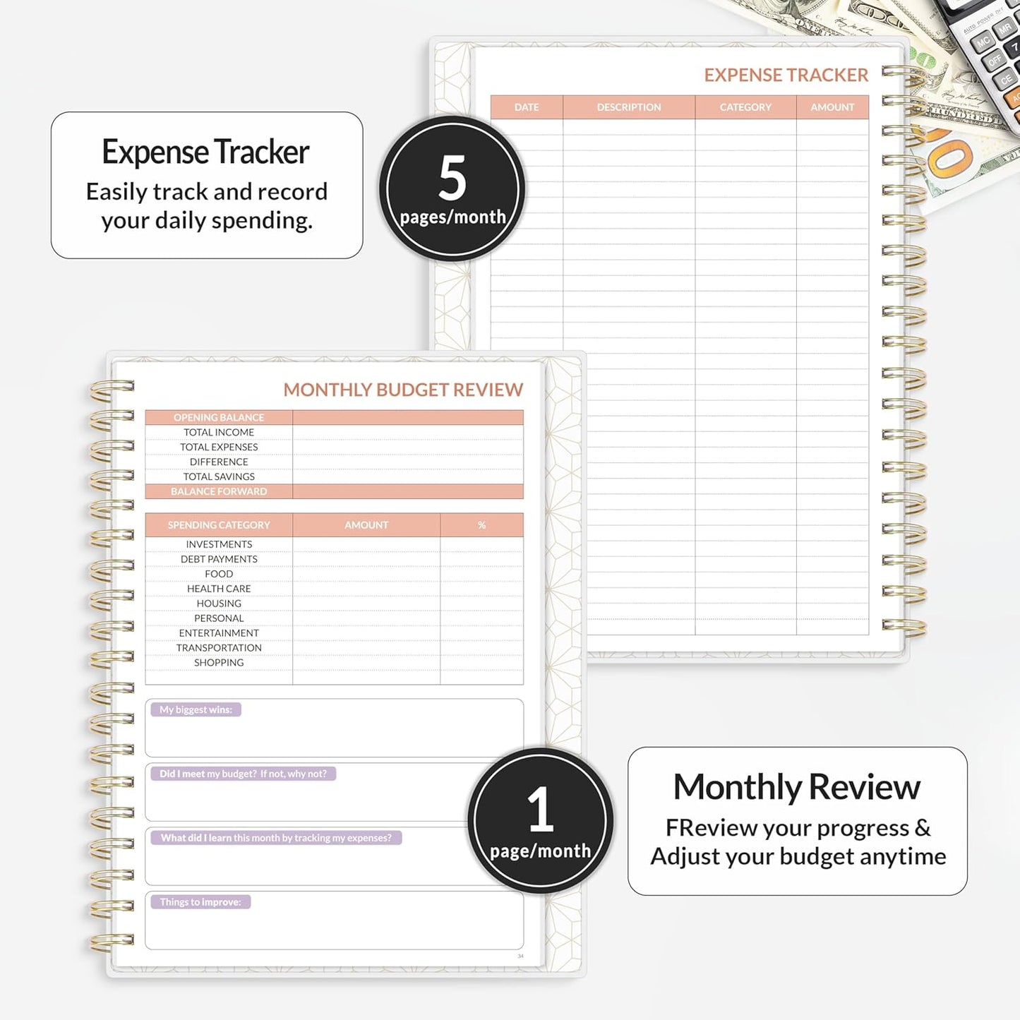 SUNEE Budget Planner - Deluxe Monthly Budget Book with 12-Pockets for Bill Organizer, Undated 12 Month Expense Tracker Notebook & Account Book B5 Size (8" x 10") to Manage Your Finance Planner, Pink