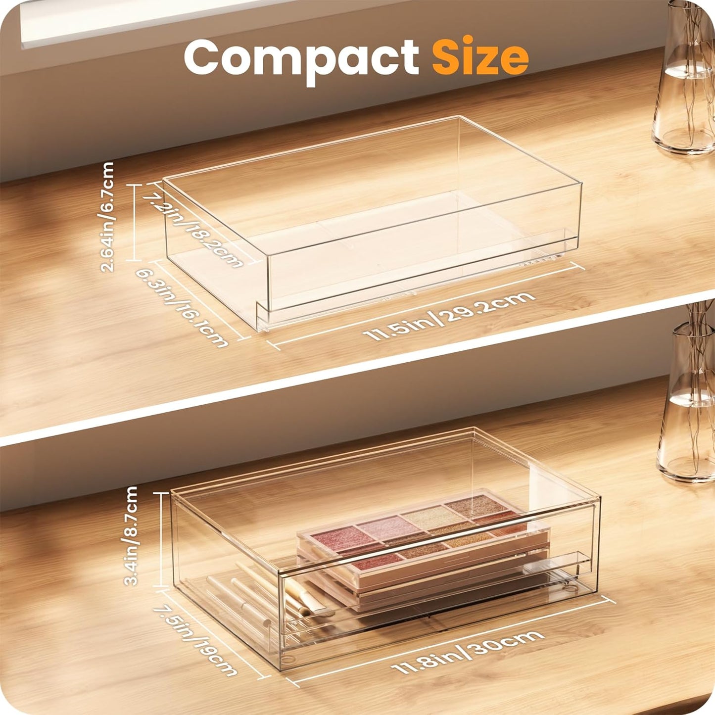 A-LuGei 【𝟮𝗣𝗖𝗦】 Acrylic Stackable Storage Drawers, 11.8" W Makeup Organizer, Bathroom Organizer and Storage, Plastic Storage Bins for Kitchen Cabinet Pantry Medicine Fridge