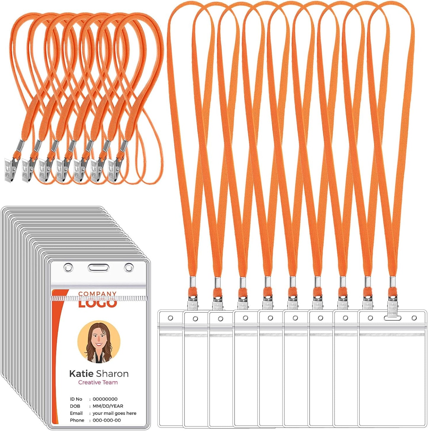 Marspark 200 Pcs Name Tag Lanyards with ID Holder Lanyards for ID Badges Resealable Flat Neck Name Tag with Clip Waterproof Plastic Clear Badges Bulk for School Office Supplies (Orange)