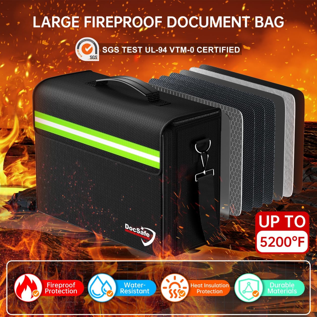 DocSafe 5200°F Large Fireproof＆Wate-Resistant Document Bag with Multiple Pockets,(17”x12.5”x7.2”) File Storage Organizer Important Document Holder