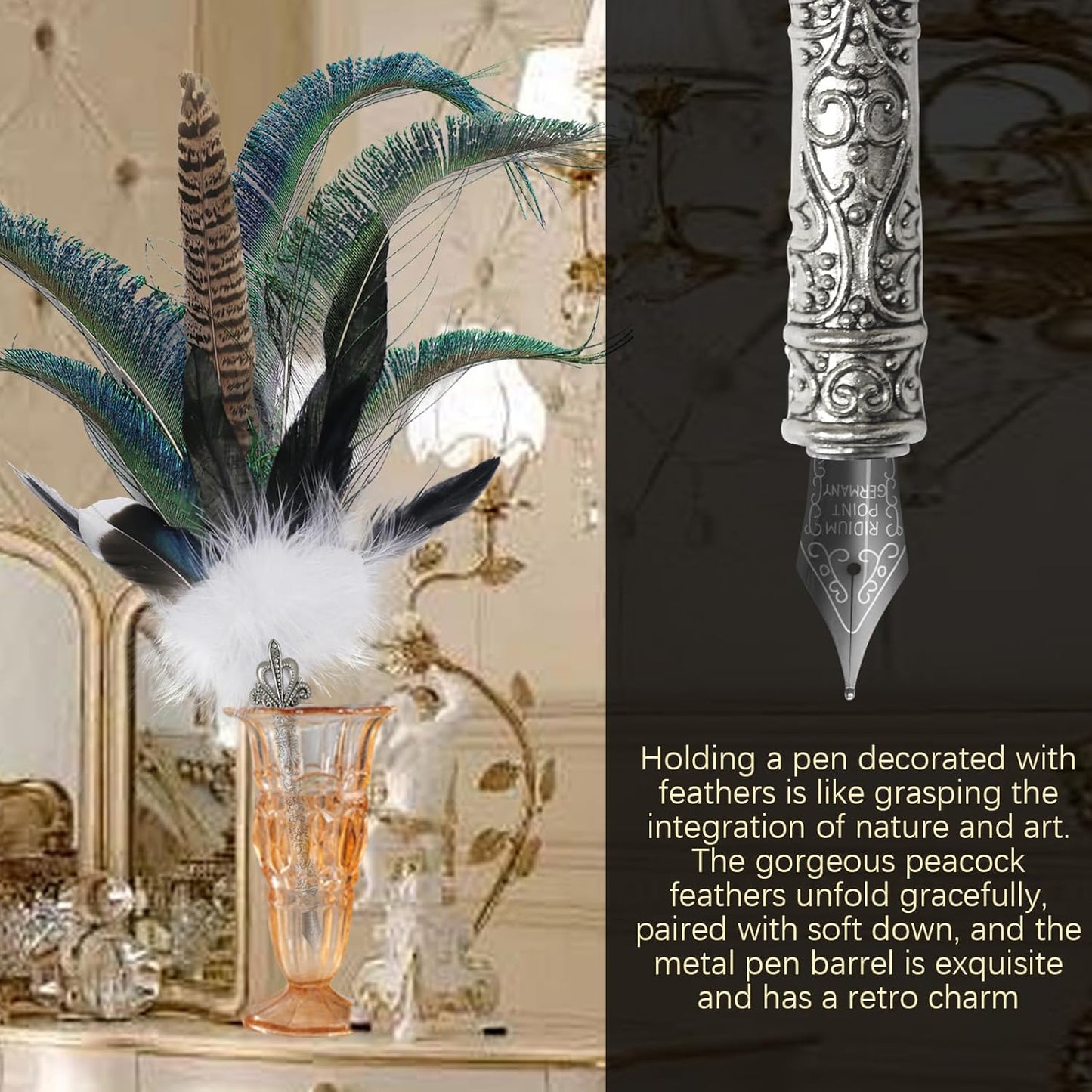 CROWN GUIDE Luxury Feather Pen with Black Ink Set - 13.8" Peacock Fancy Quill Fountain Pen for Writing Calligraphy, Wedding Nikkah Pen for Guest Book Journaling Gift, White