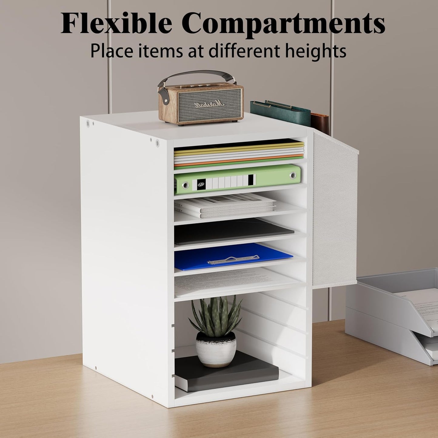 Office Mail Sorter, Wooden Paper Organizer with Storage Bag, 10 Tier Adjustable Classroom Mailbox, Removable Classroom Organization, Teacher Desk Organization for Office, Study, White