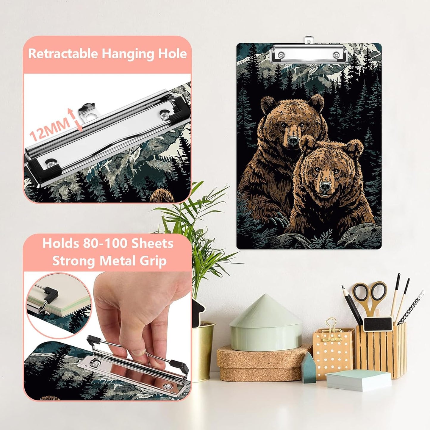 Mountain Bear Plastic Clipboards,Cute Fashion Clipboard Decorative 8.5" x 12.5"Standard A4 Size Clipboards,Acrylic Clipboard for Teacher,Social Worker,Students,Nurse,Office Supplies