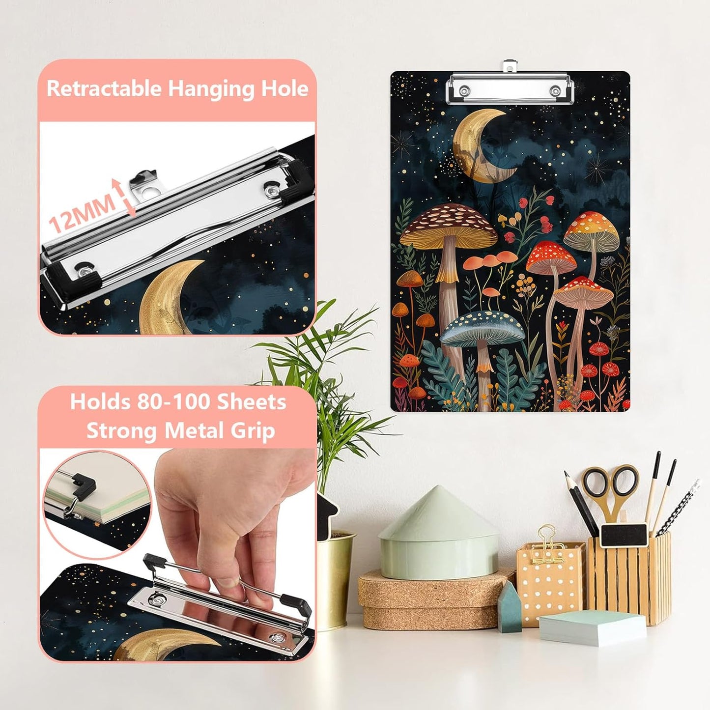 Forest Mushroom Plastic Clipboards,Cute Fashion Moon Clipboard Decorative 8.5" x 12.5"Standard A4 Size Clipboards,Acrylic Clipboard for Teacher,Social Worker,Students,Nurse,Office Supplies