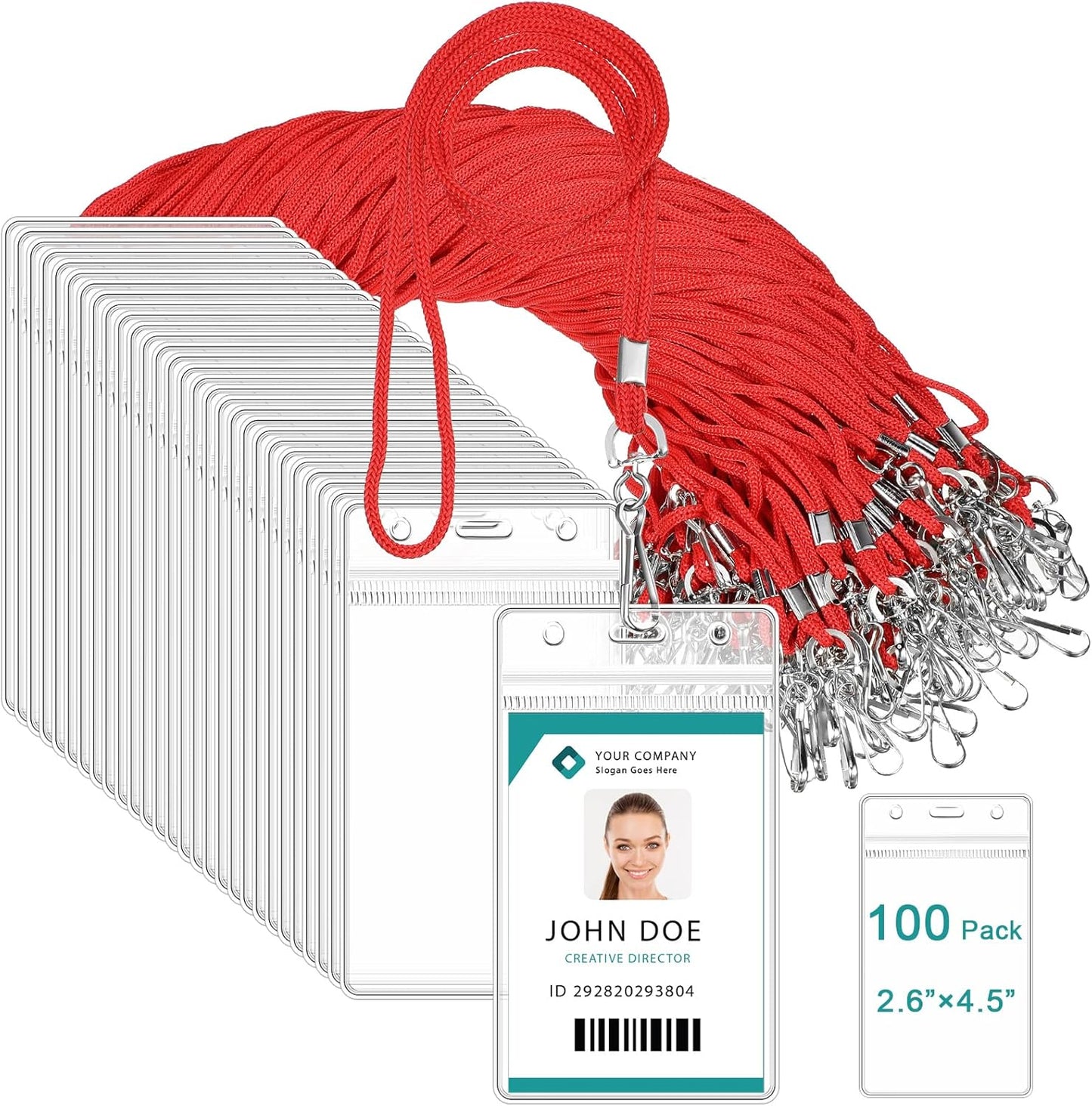 Marspark 100 Pieces Lanyards for ID Badges Name Tag Lanyards Bulk Neck Lanyard Badge Holder for Reel ID Card Name Badge Holder Waterproof Plastic Resealable Card Sleeves Hook Cords(Red)