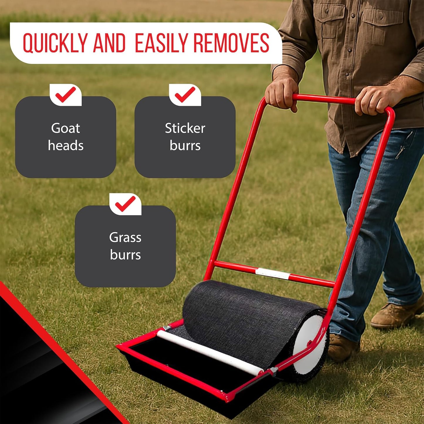 X-Large Sticker Burr Roller Remover Yard Tool Wide for Easy Yard Cleanup | Push Model 2.0 for Burr & Sticker Removal | Effortless Goat Head Roller and Picker | 18" | Made in USA )Extra Wide)