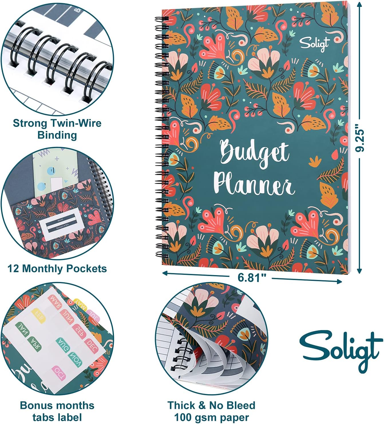 Soligt Budget Planner 2025-2026, Monthly Budget Book Bill Organizer with 12 Pockets, Undated Home Financial Money Expense Saving Debt Tracker Notebook, 1 Year, Blue Floral, Spiral Design