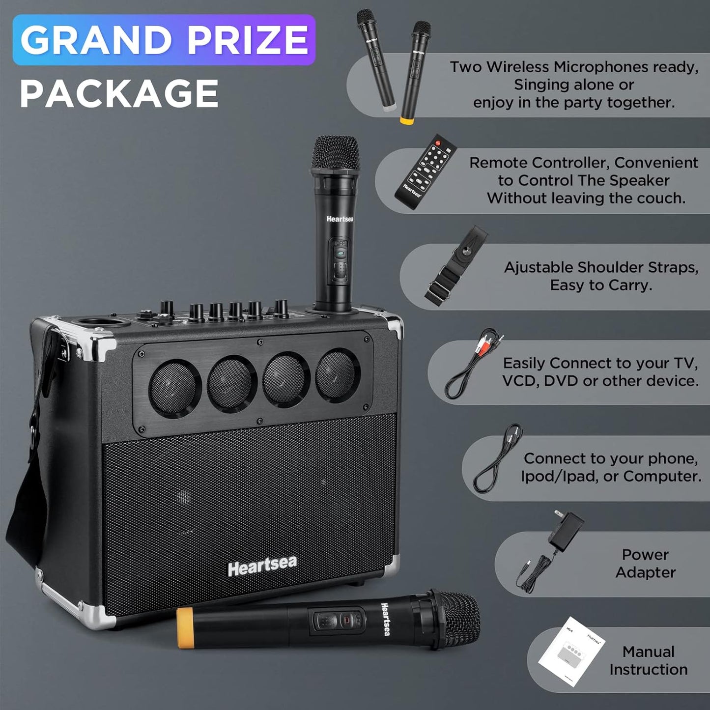 Heartsea Karaoke Machine with 2 Wireless Microphones for Adults & Kids – Portable Big Bluetooth Party Speaker, Voice Amplifier with TWS Pairing, 3-Way Big Sound for Home & Outdoor Party