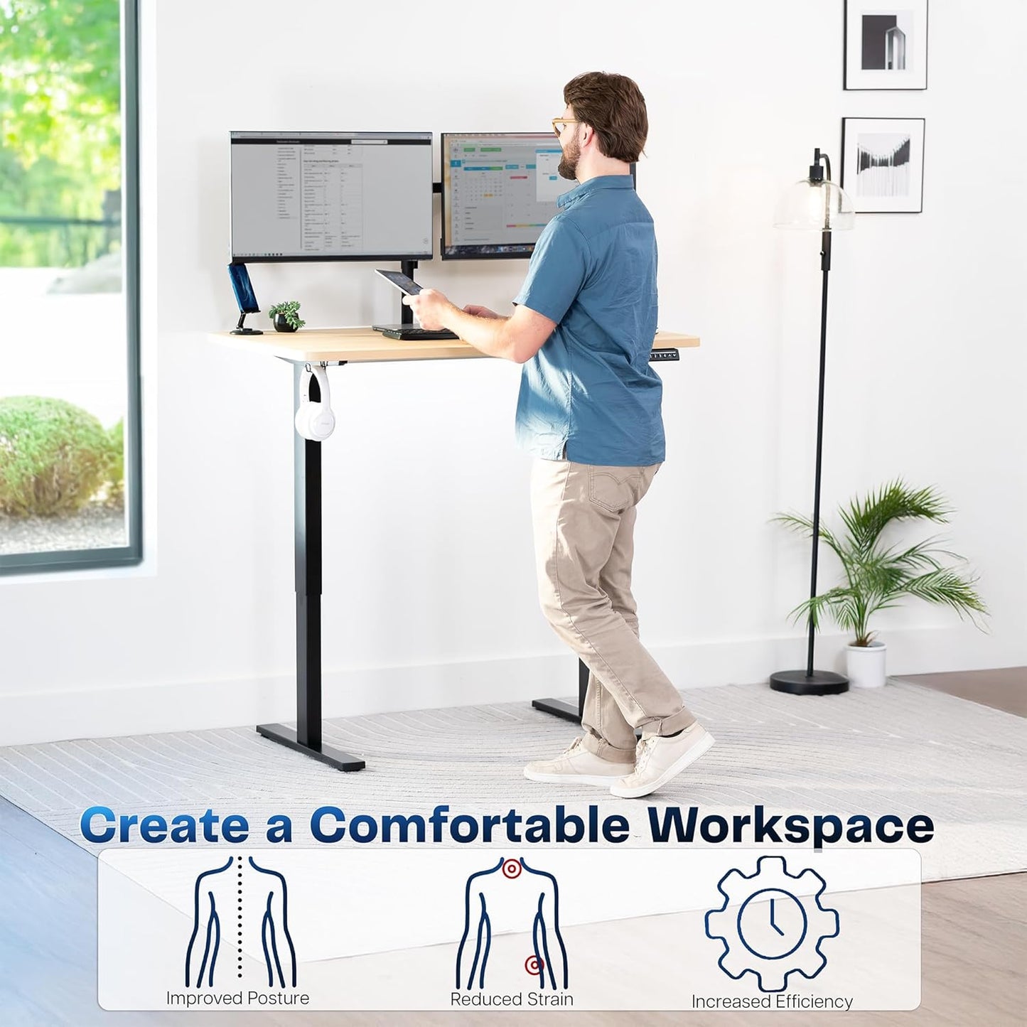 VIVO Electric 48 x 30 in Standing Desk, Memory Height Adjustment, 1B Series, One-Piece Light Wood Top, Black Frame, DESK-KIT-1B5C