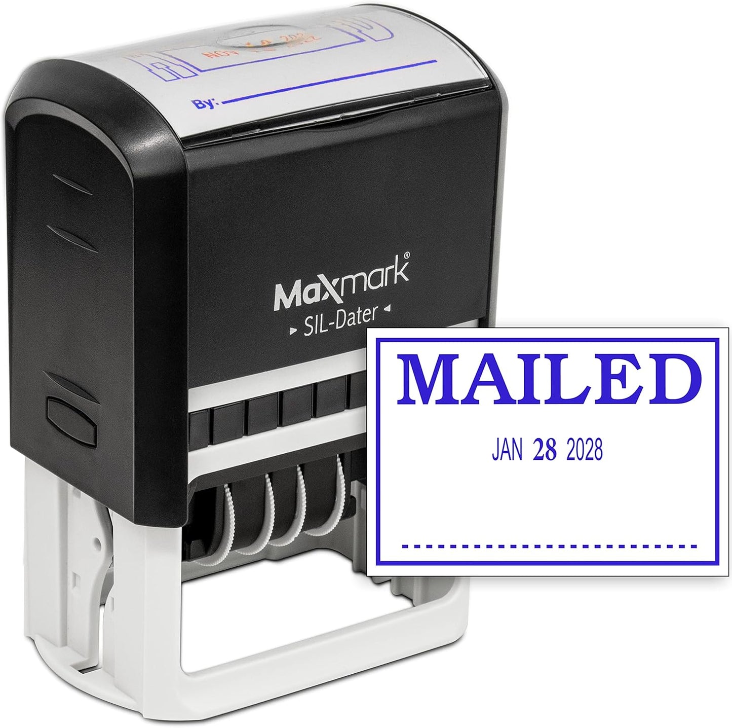 MaxMark Large Self-Inking Rubber Date Office Stamp with Mailed Phrase & Date - Blue Ink, 12-Year Band - Style 3