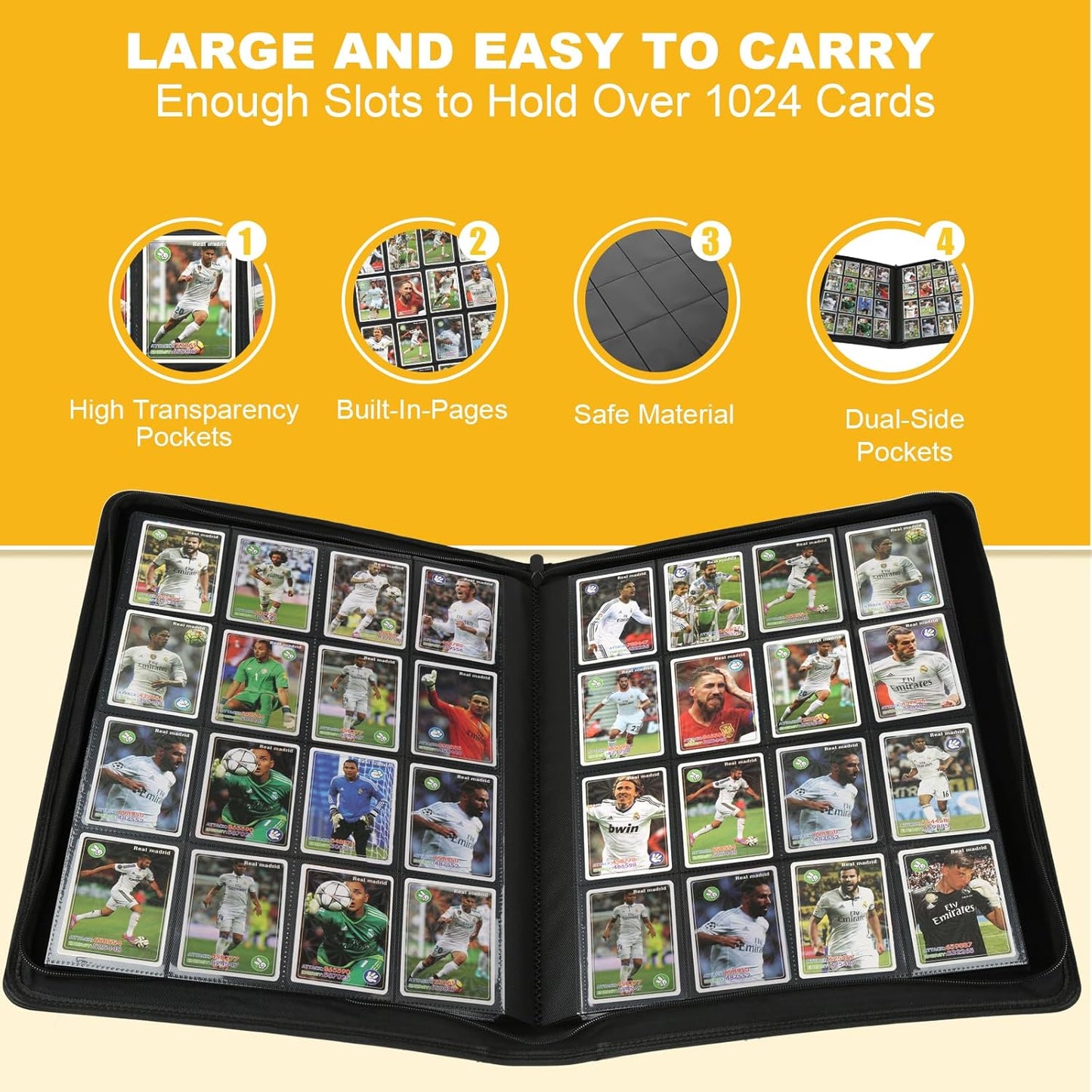 PU Card Binder - 16 Pocket, Premium Holder Folders for 1000+ Cards, Double Sided Pocket Album for MTG, TCG (Black)