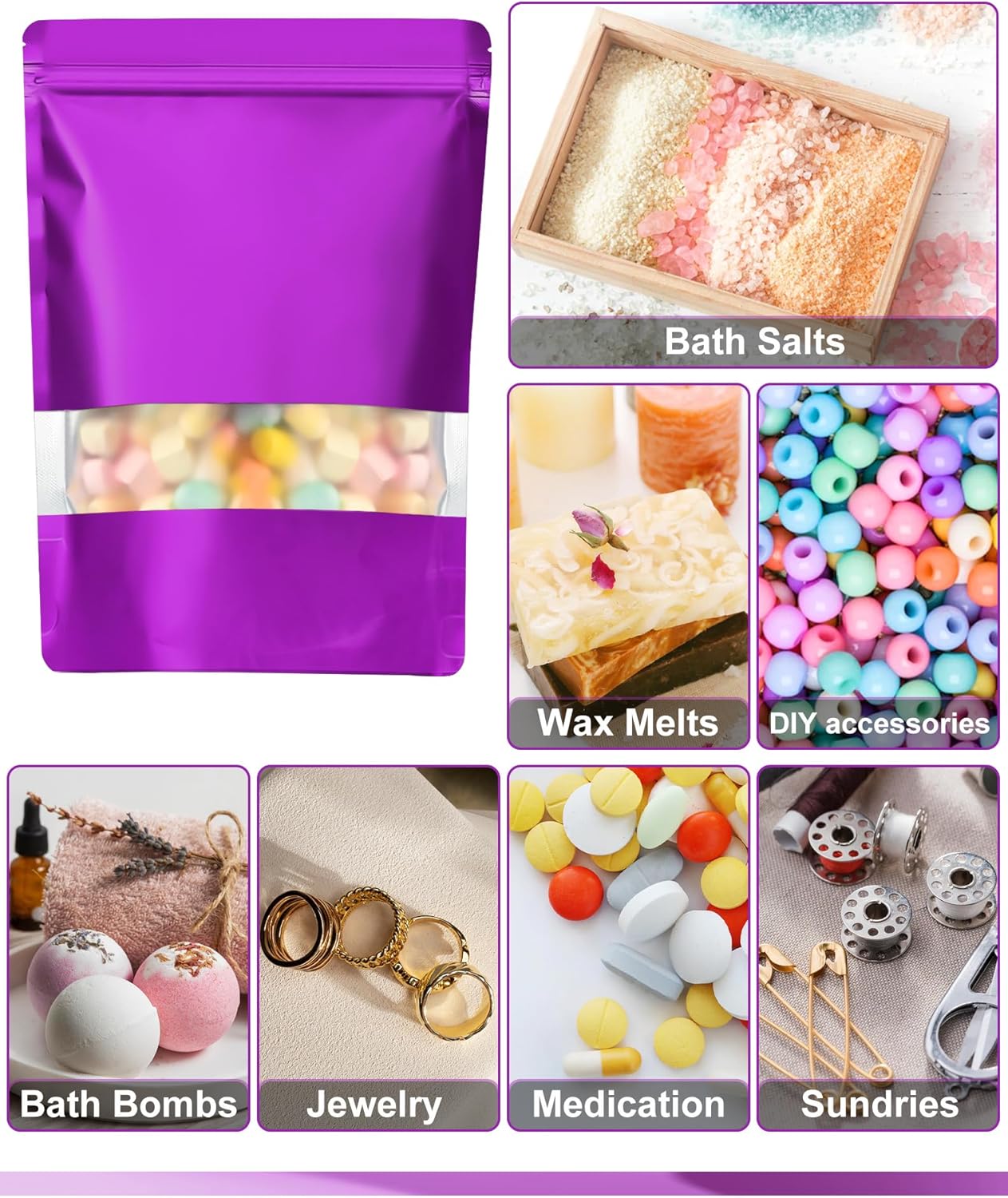 FireKylin 100 Pack Smell Proof Bags 4.7" x 7.9", Resealable Bags with Matte Window, Foil Pouch Stand Up Sealable Bags for Packaging(Purple)