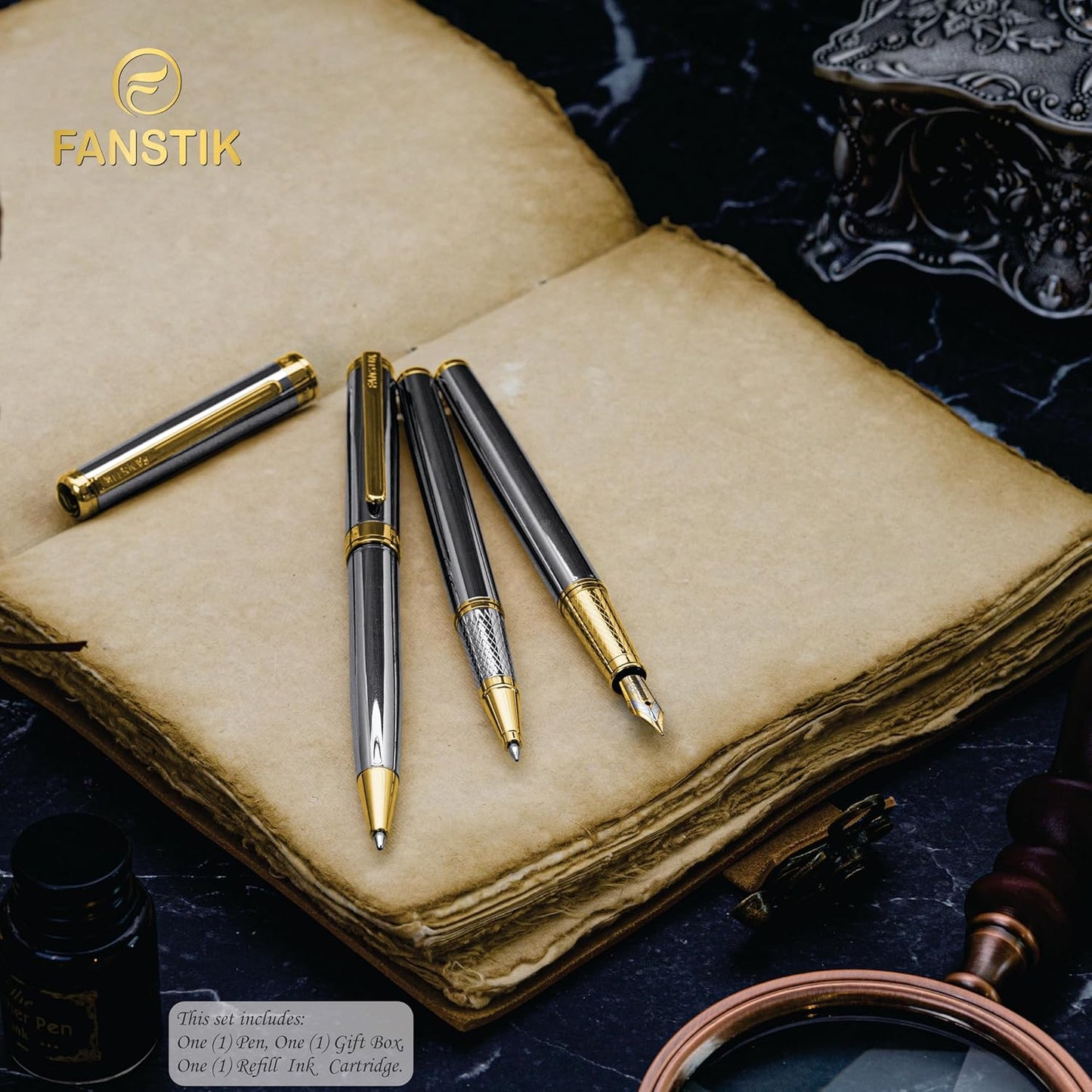 Silver&Gold Luxury fountain pen (Made In USA) fancy gift set for women, Real 24K Gold Plating, Professional executive pen gift set for men (Lux fountain Silver-Gold)
