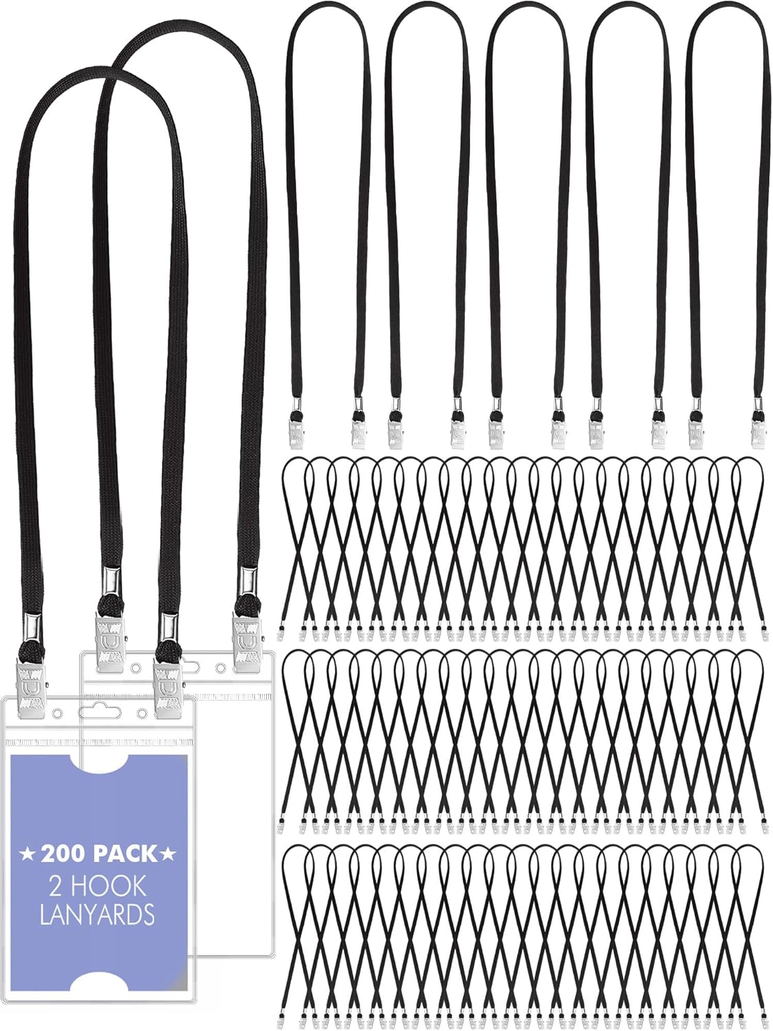 Patelai 200 Pack Double Clip Lanyards Bulk Face Mask Lanyard Twist Free 2 Hook Design Adjustable Badge Neck Strap for Conference Office Class Essential Back to School Gifts ID Card Keychain (Black)