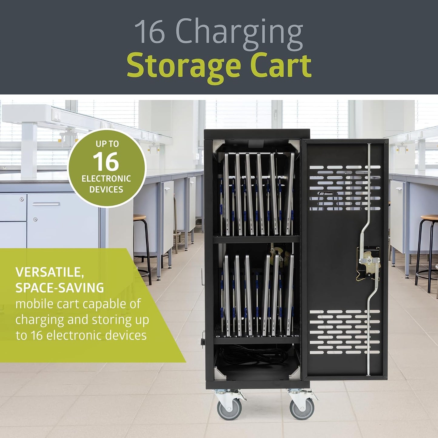 Pearington 16MINI-01KD 16-Device Classroom and Office Mobile Charging Storage Cart for Ipads, Chromebooks and Laptops, 34" x 20" Size