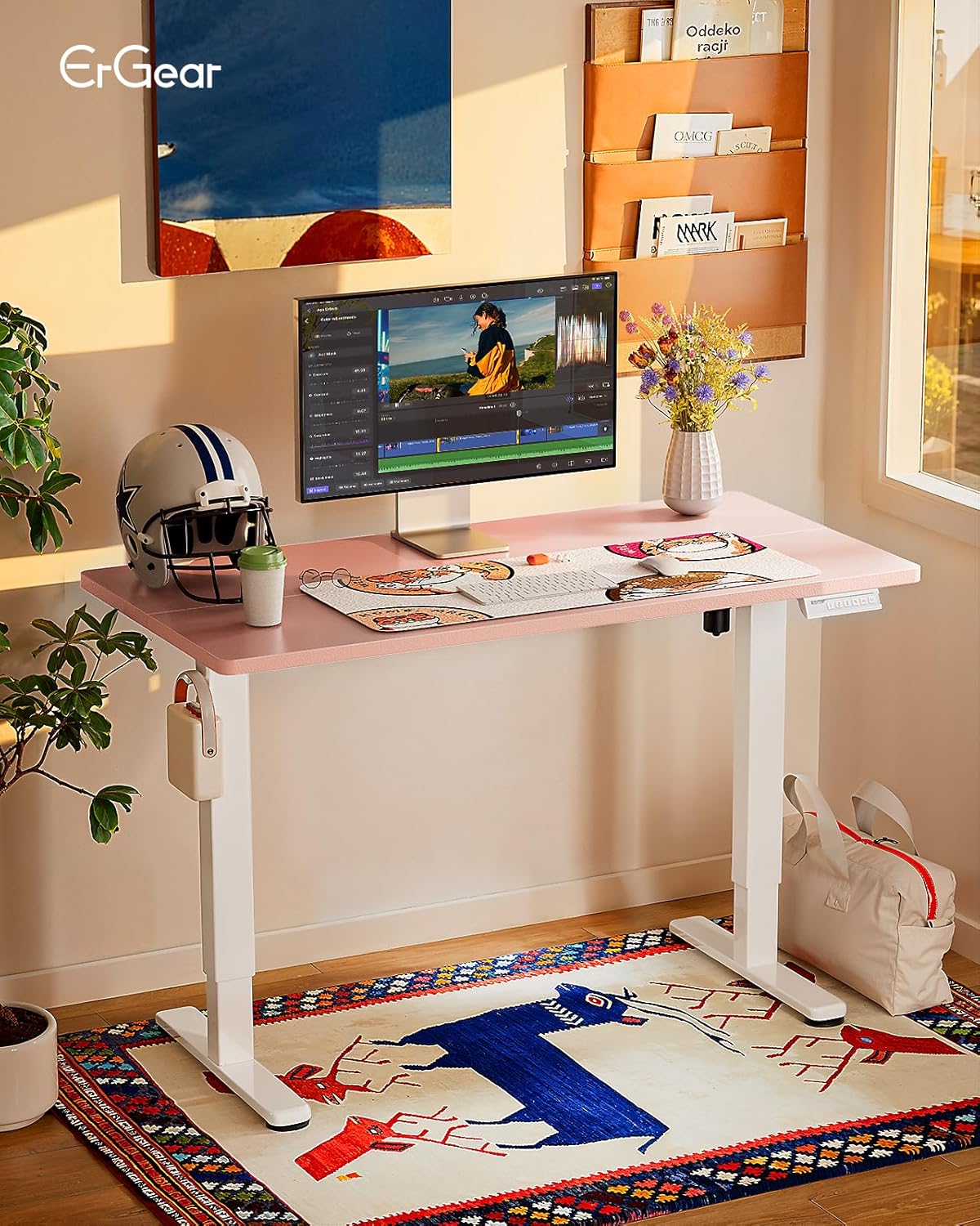 ErGear Height Adjustable Electric Standing Desk, 55 x 27.5 Inches Sit Stand up Desk, Memory Computer Home Office Desk with Two-Piece Desktop (Pink)