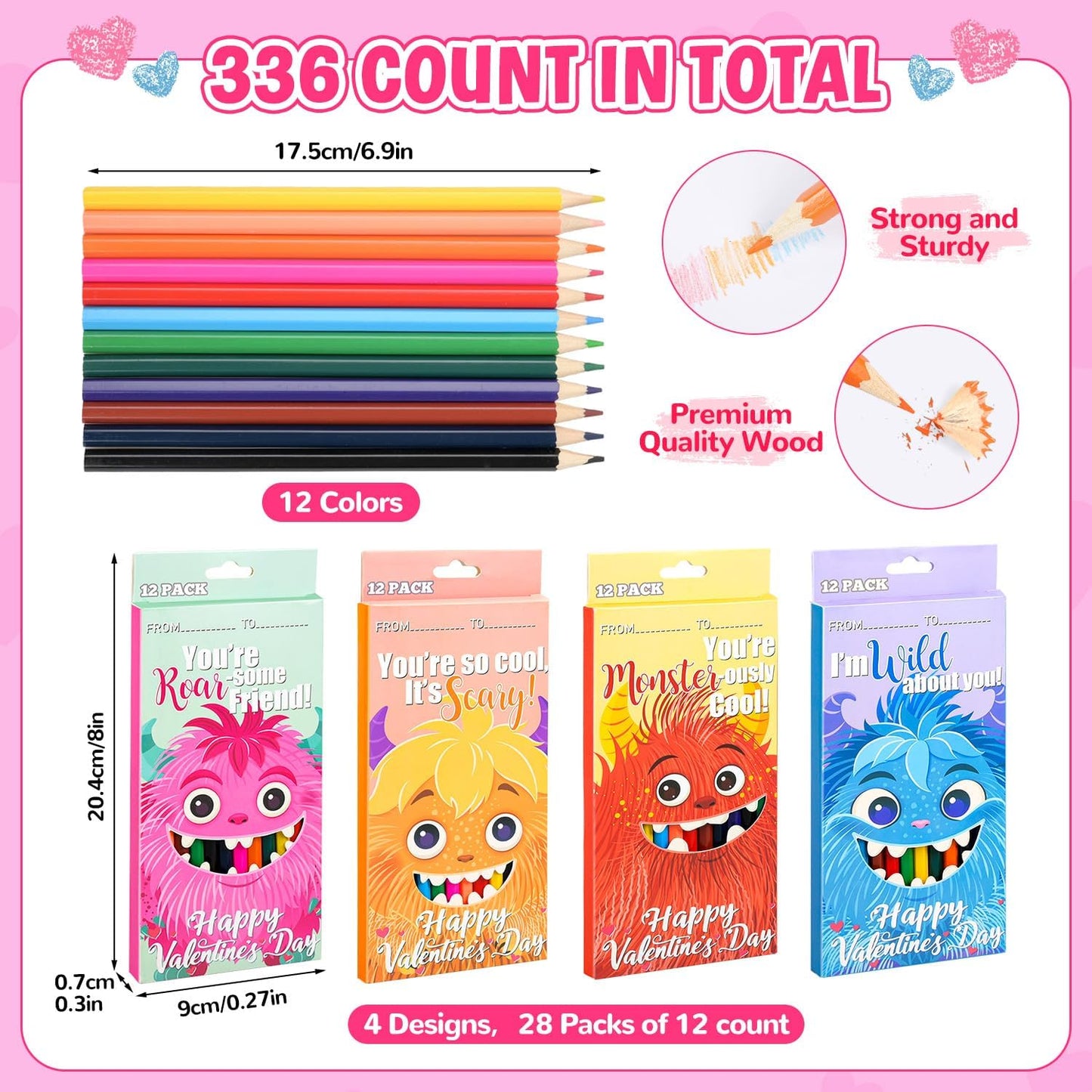 MOVINPE Valentines Day Gifts for Kids Classroom - 28 Pack Pre-Sharpened Colored Pencils Set Valentines Exchange Gifts, School Class Prizes Monster Themed 12 Assorted Colors 336 Count
