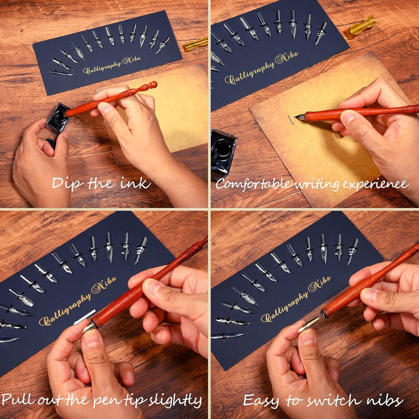 Calligraphy Pen Set，Include Vintage Fountain Pure Wooden Dip Pen for Beginners Writing, 4 Colors Bottles of Ink, 12 Replaceable Nibs, Antique Brass Pen Holder