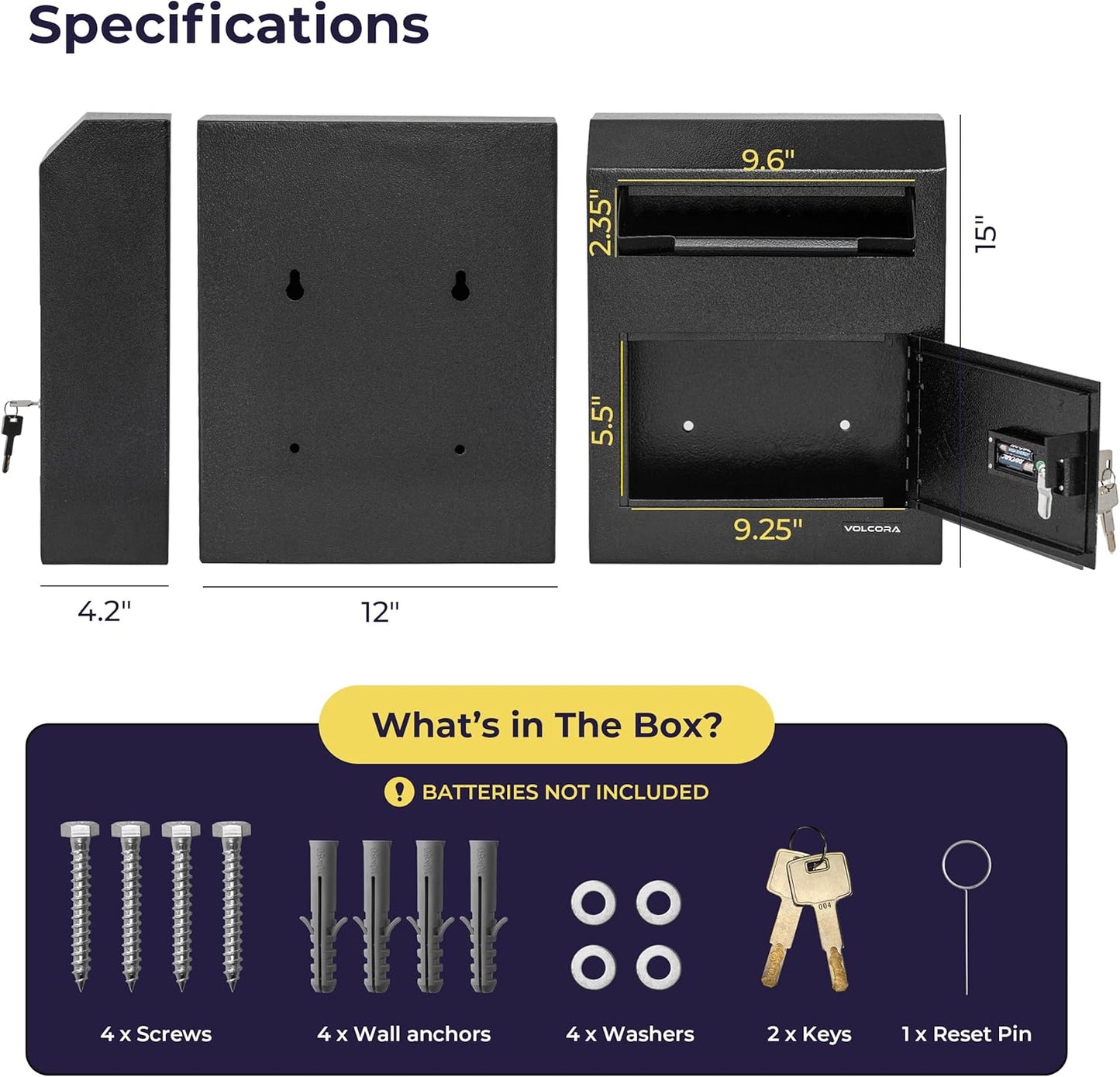 Volcora Key Drop Box with Lock, Drop Slot Depository Safe Box Digital Keypad, Money Drop Safe for Business, Wall Mount Mailbox, Cash Drop Box, Electronic Programmable Lock with Key Indoor Use